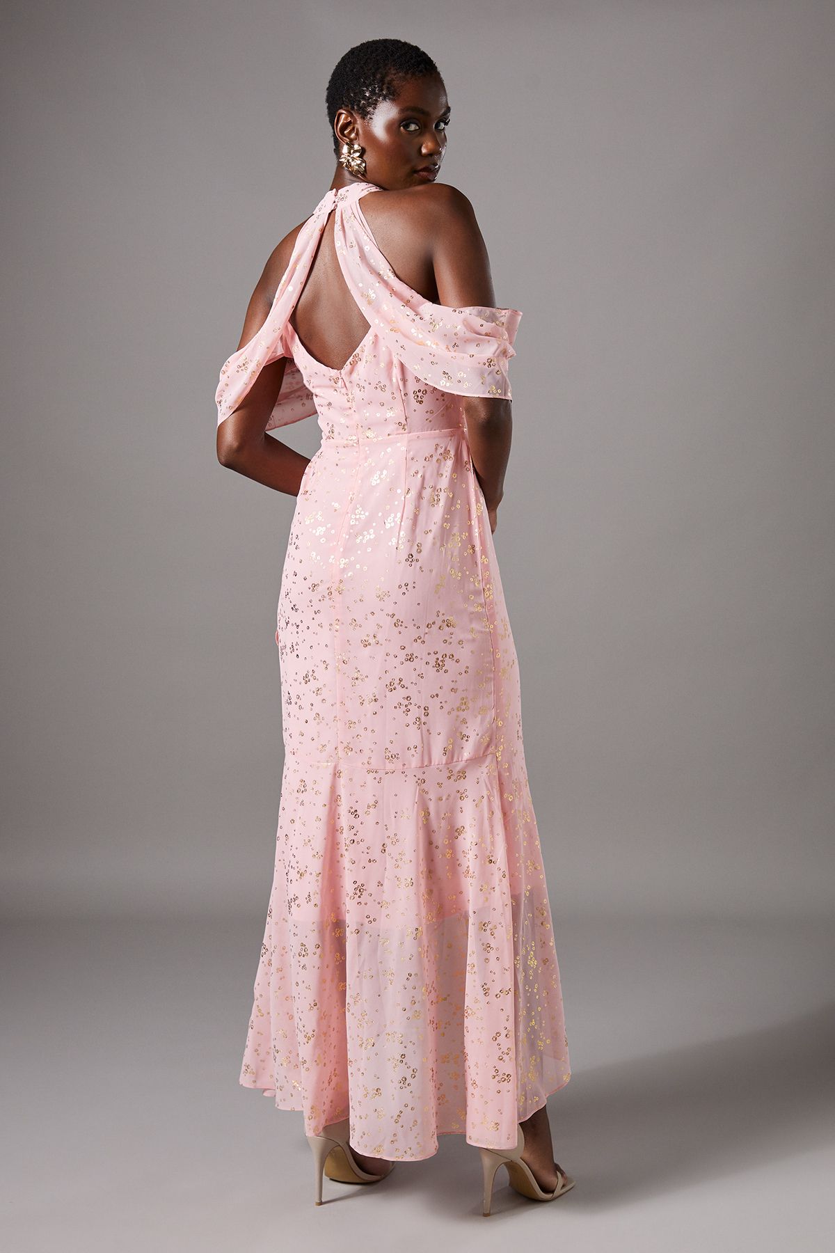 Coast Cold Shoulder Jacquard Midi Dress With Wrap Skirt And Tie Neck Pink image 3