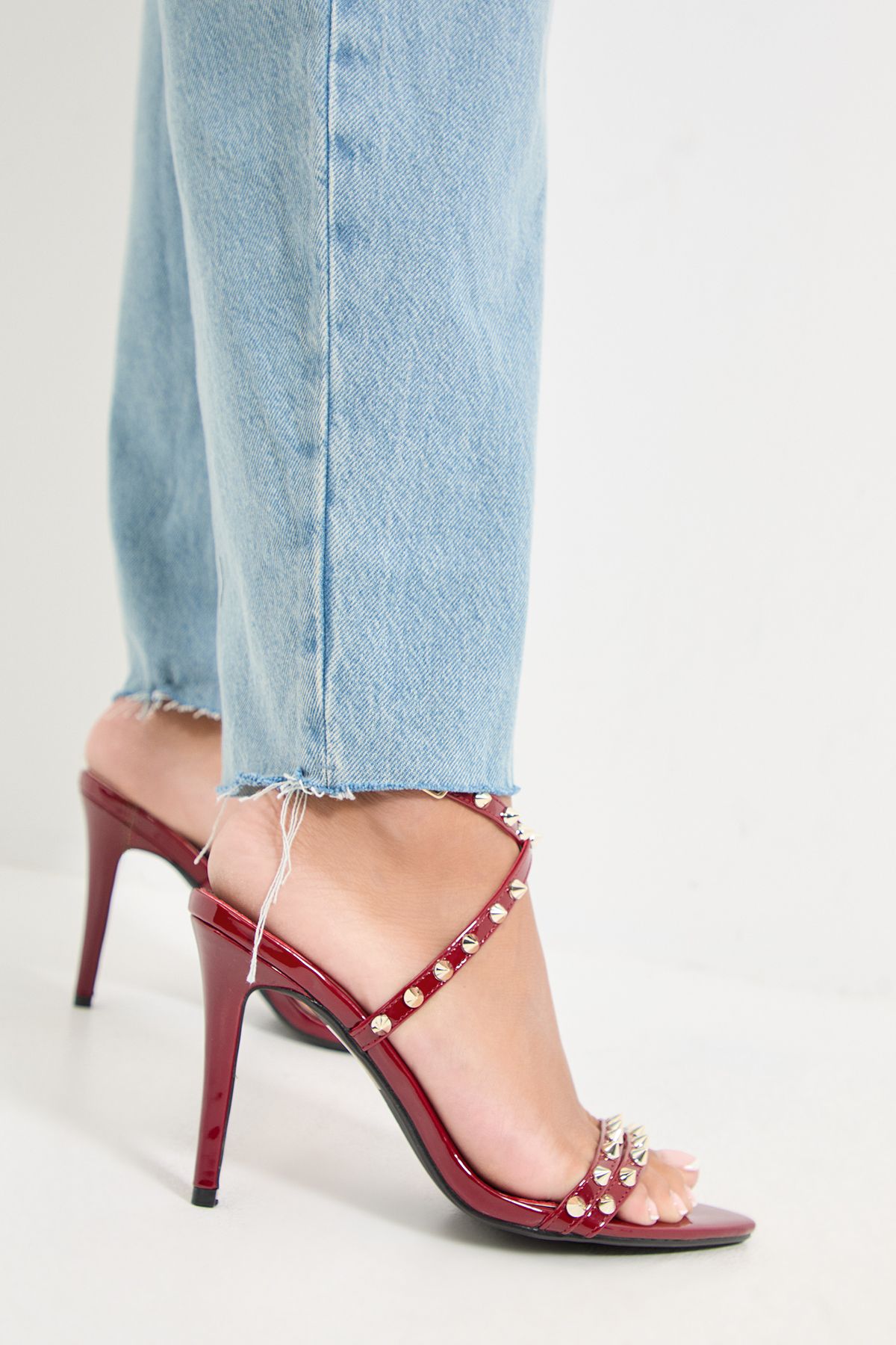MissPap Studded Strappy High Metal Stiletto Heel Sandals Burgundy image 2