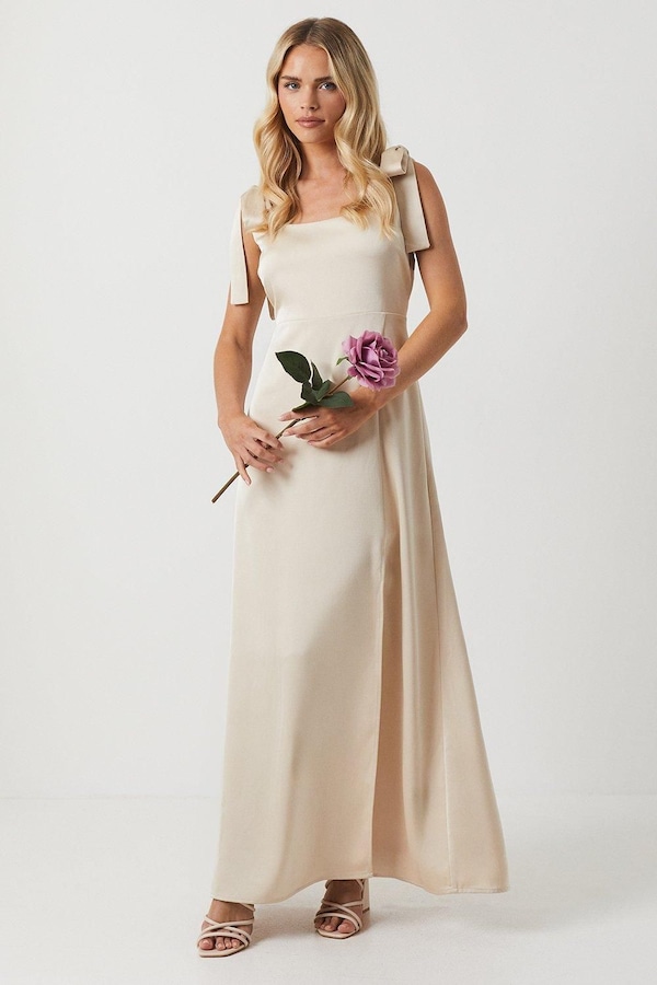 Oasis Oasis by Coast Petite Satin Tie Shoulder Midi Bridesmaid Dress Champagne