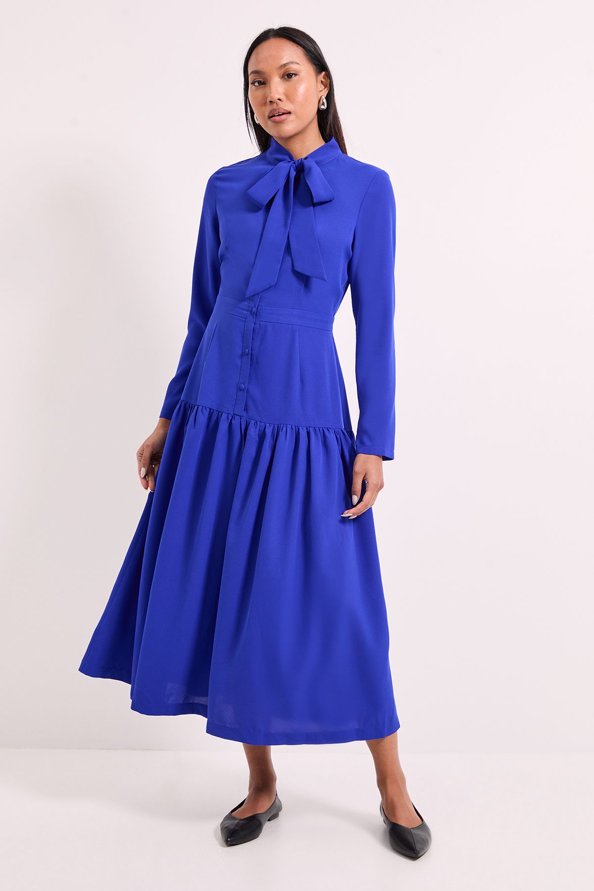 Principles Tie Neck Yolk Detail Crepe Midi Dress Cobalt image 4