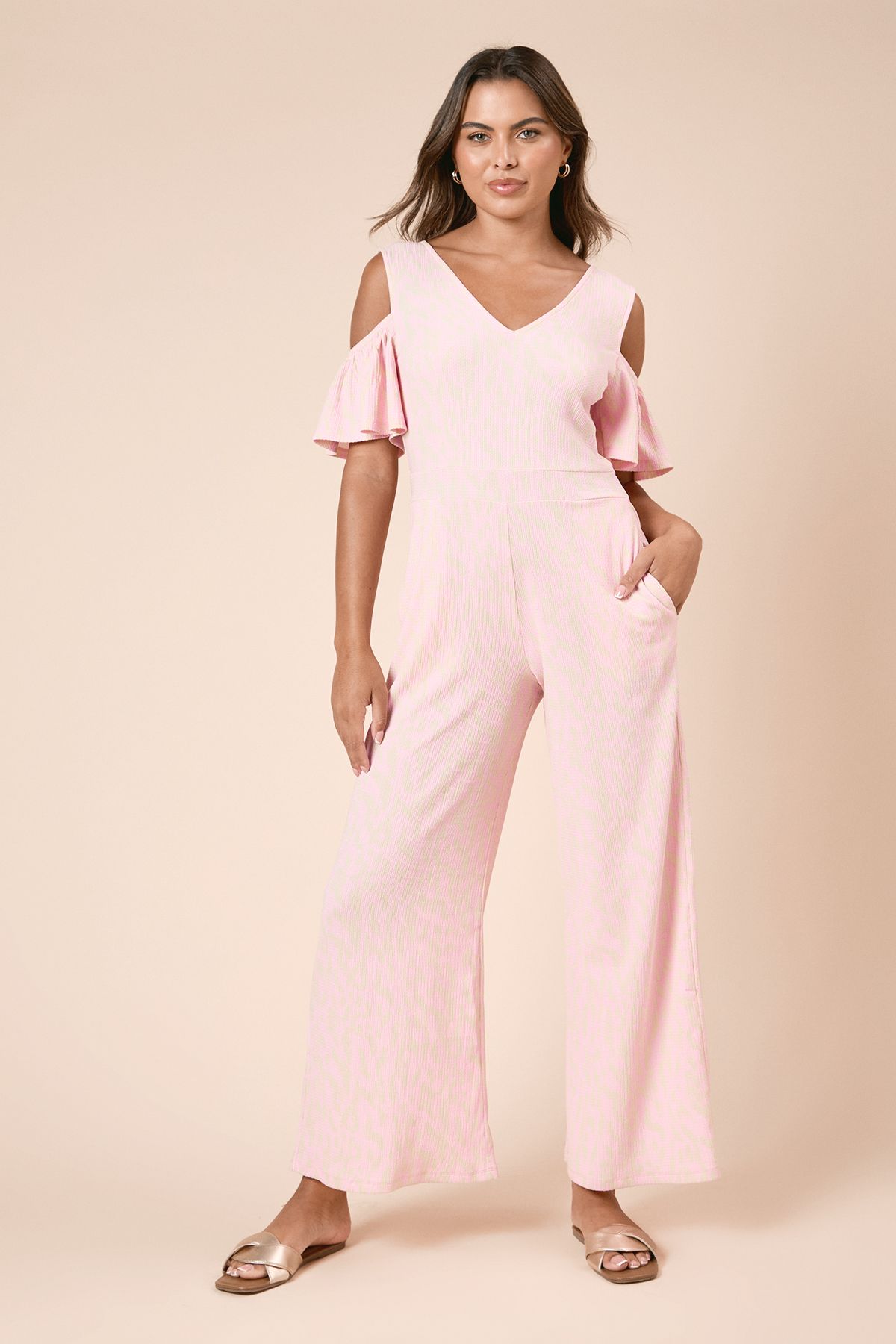 Dorothy Perkins Pink Animal Cold Shoulder Flutter Sleeve Jersey Jumpsuit Pink image 2