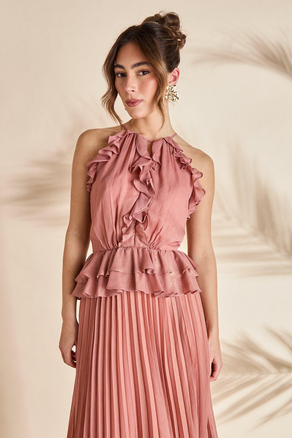 Coast Sleeveless Halter Pleat Skirt Maxi Holiday Dress Brown image 2