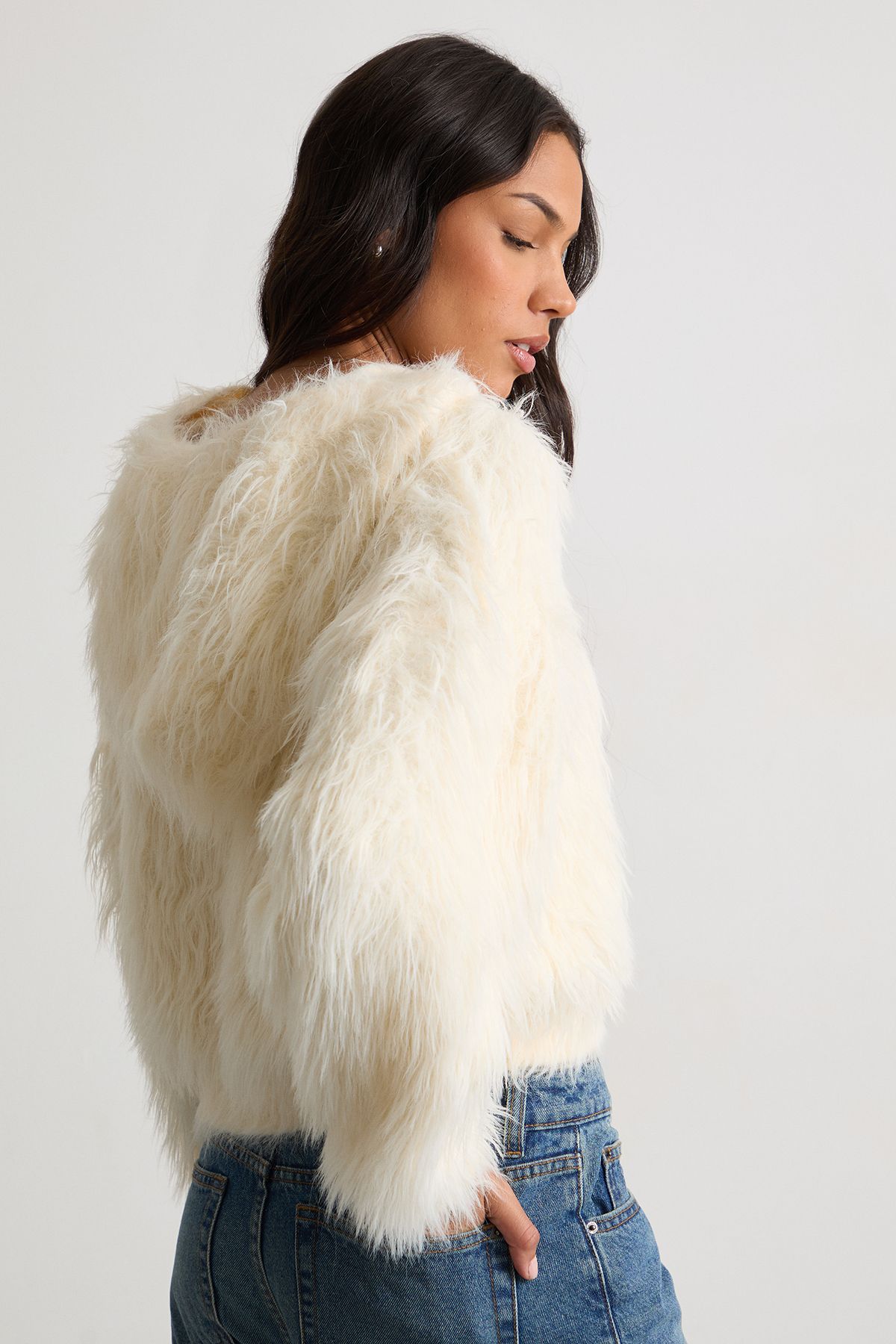 Warehouse Soft Touch Fluffy Hooded Jumper Butter image 3