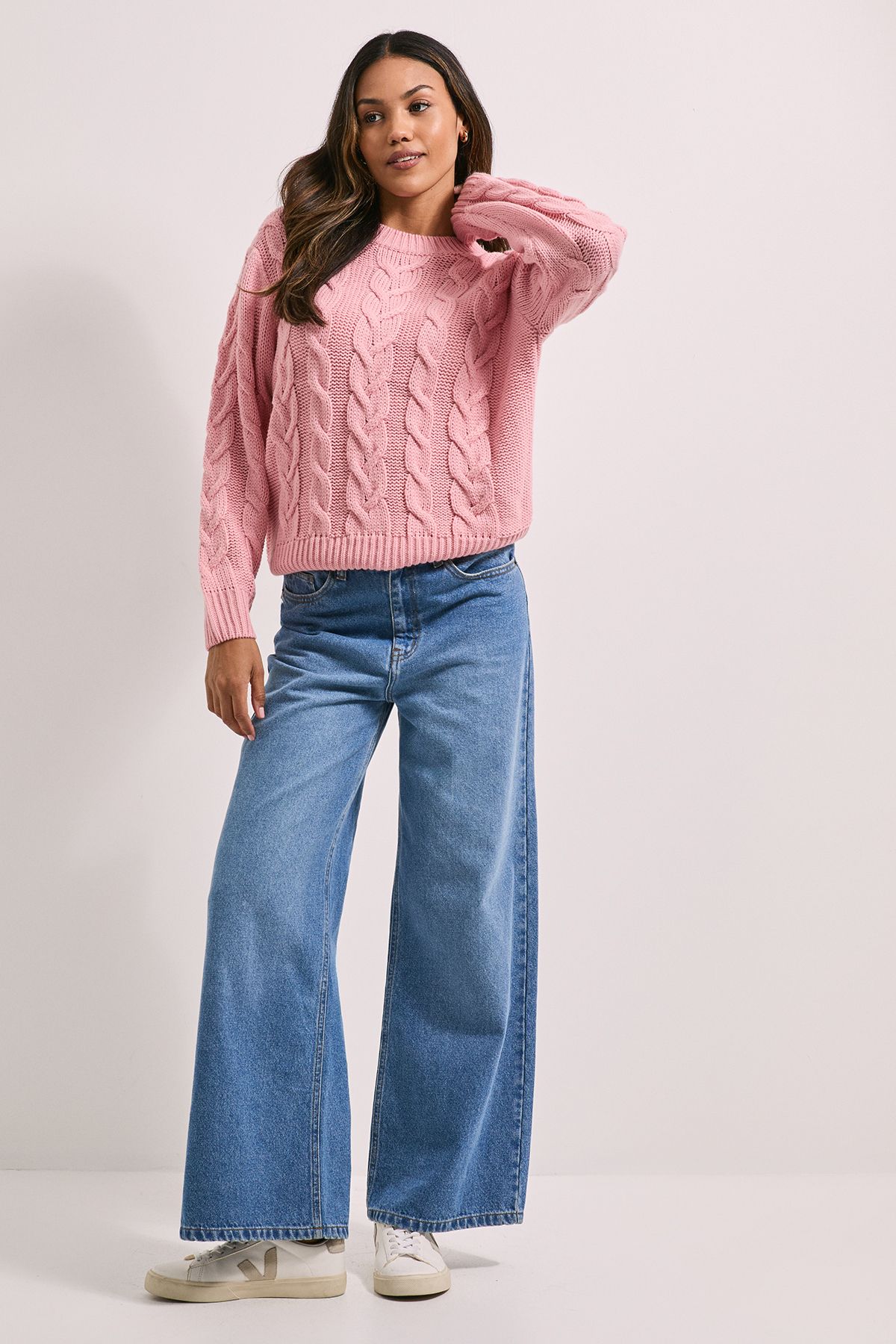 Dorothy Perkins Cable Knit Crew Neck Jumper Pink image 2