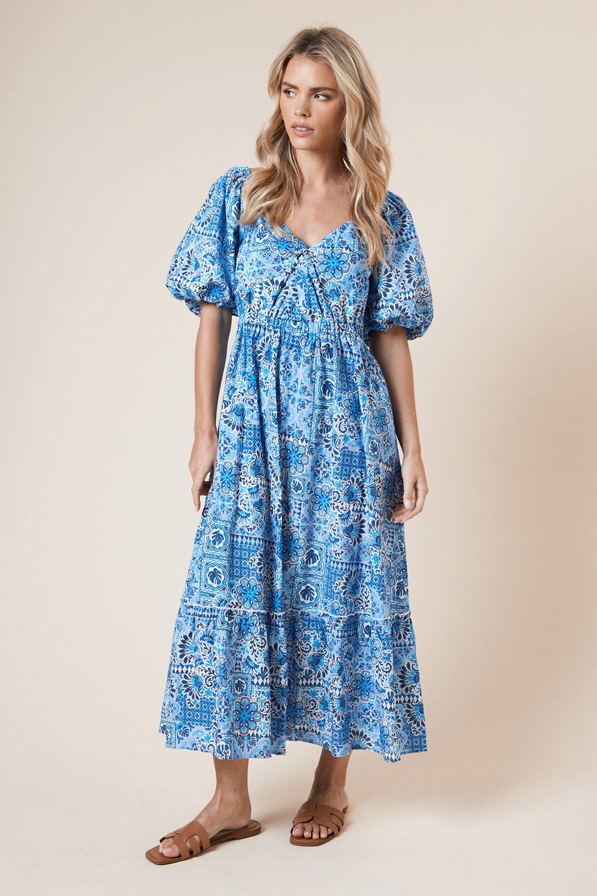 Dorothy Perkins Petite Poplin Twist Front Midi Dress Blue image 1