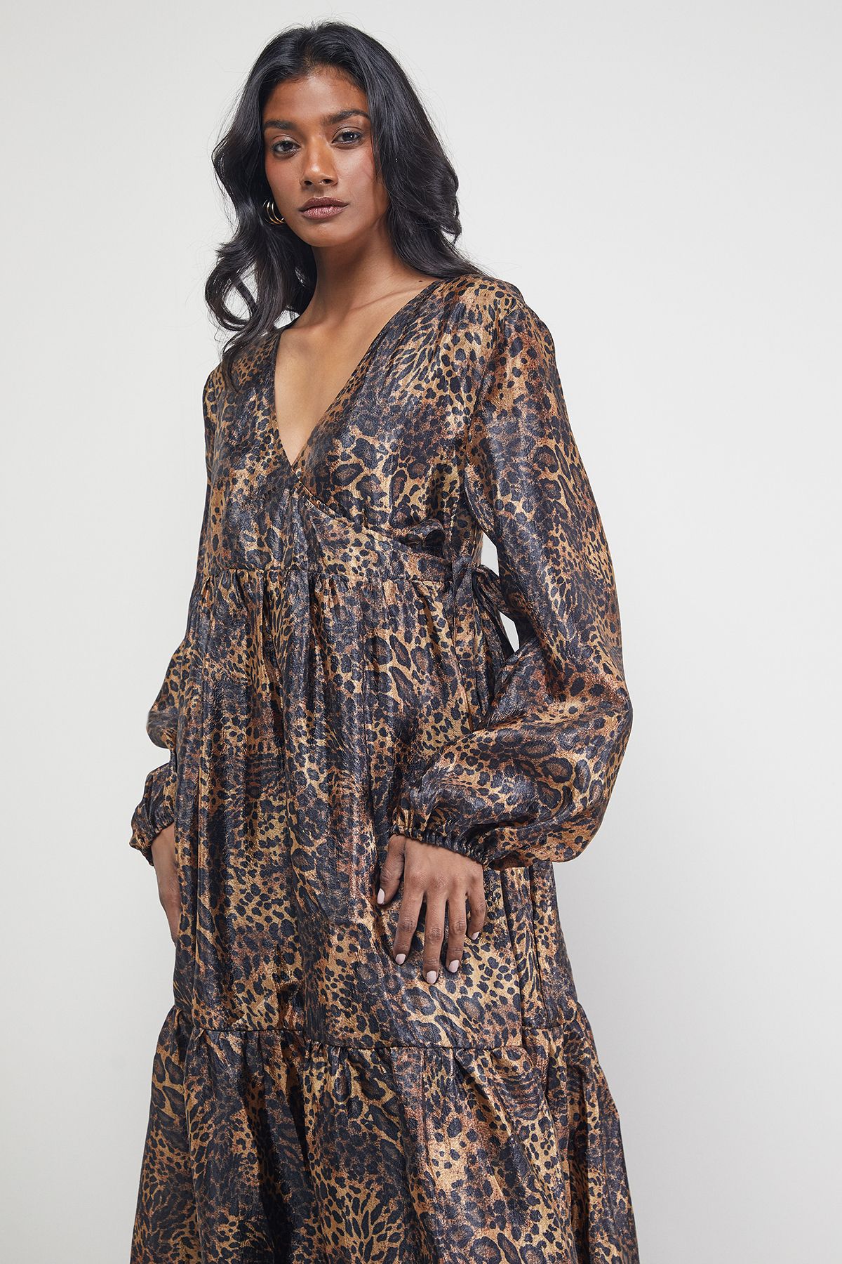 Warehouse Textured Organza Wrap Tier Smock Midi Dress Animal image 2