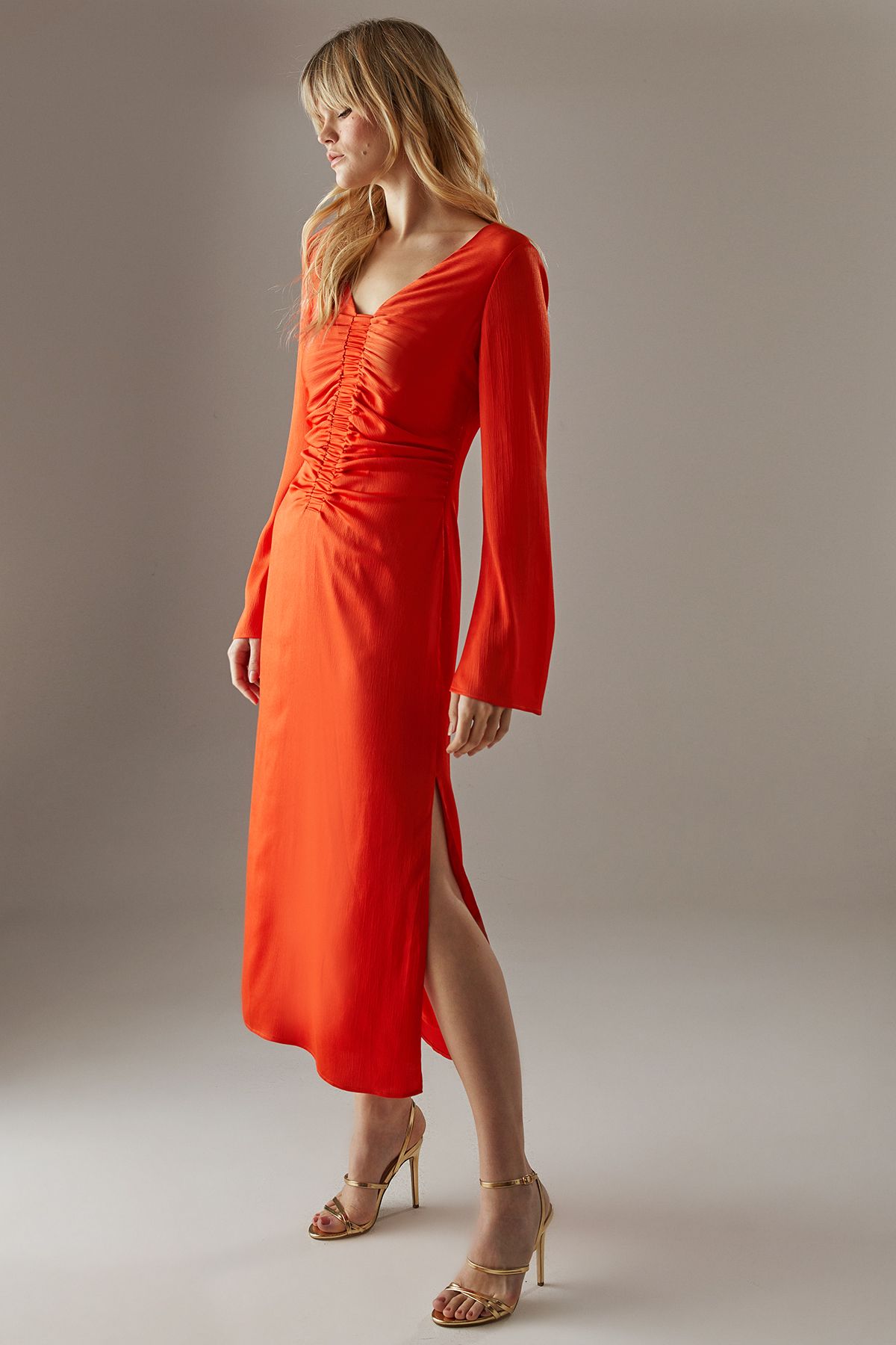 Warehouse Crinkle Satin Ruched Front Column Midi Dress Orange image 4