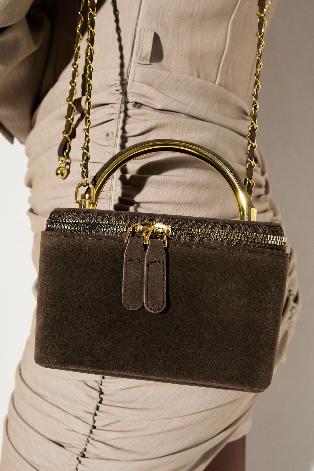 MissPap Faux Suede Grab Bag With Crossbody Chain Strap Khaki image 2