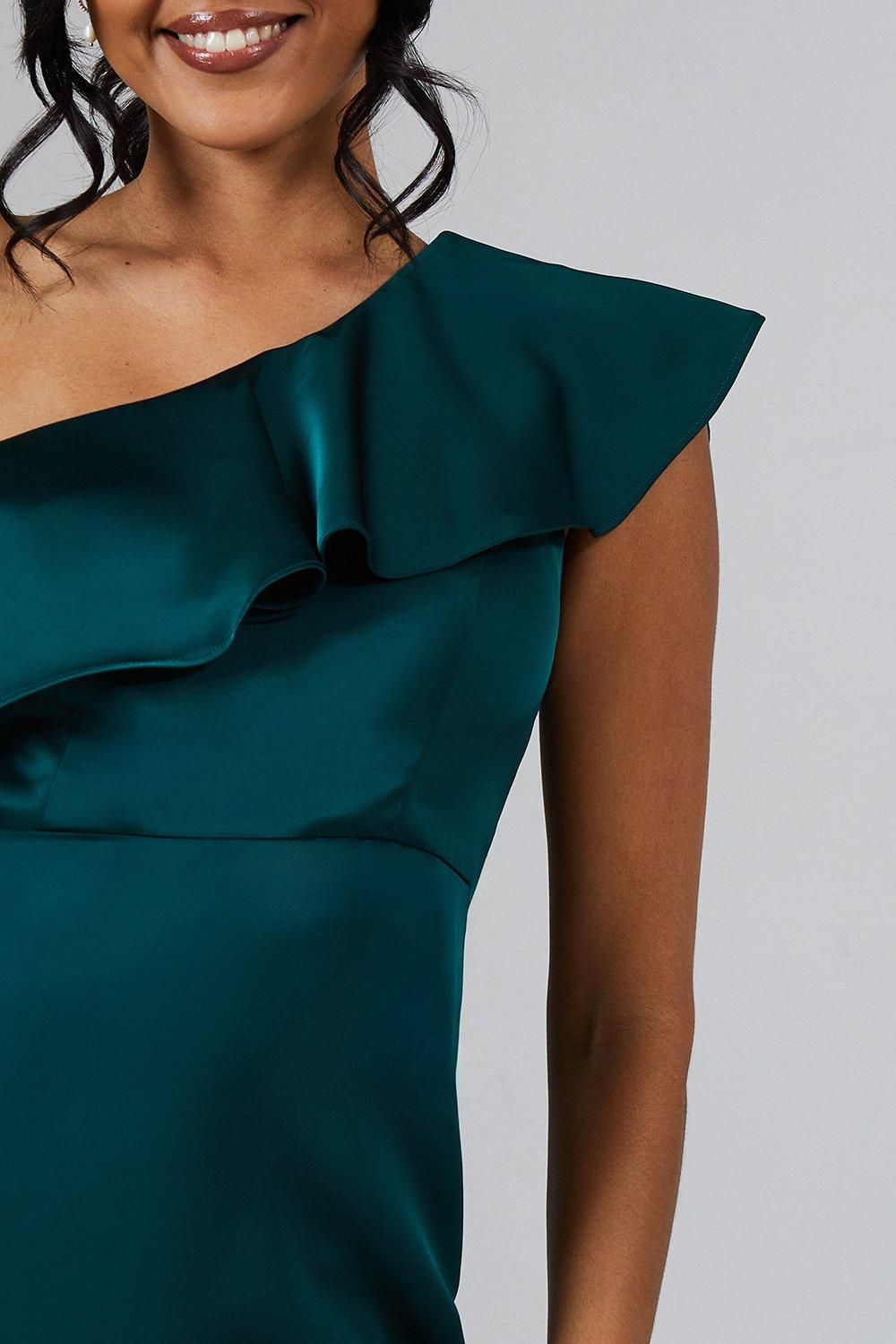 Coast Ruffle One Shoulder Satin Maxi Bridesmaids Dress Emerald image 4