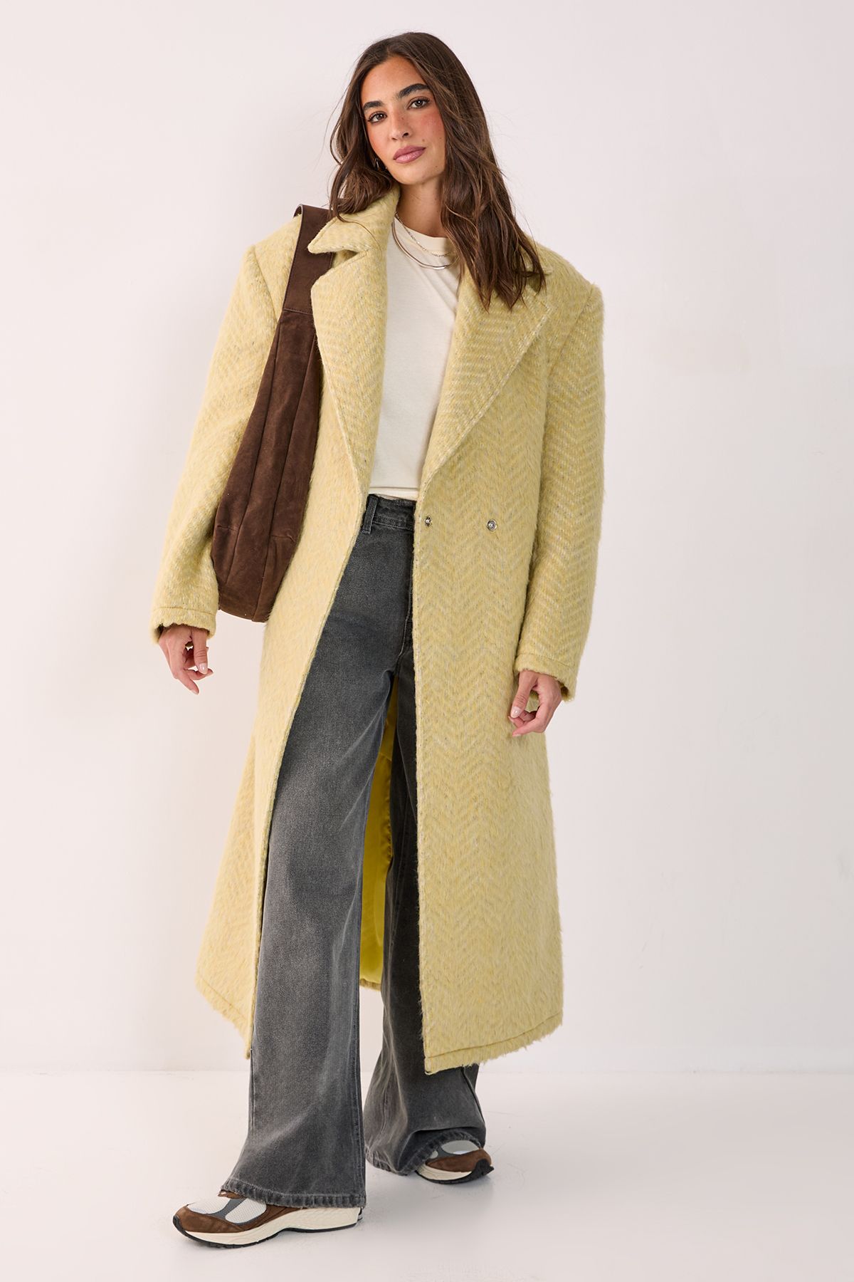 NastyGal Premium Double Breasted Brushed Herringbone Coat Butter image 1