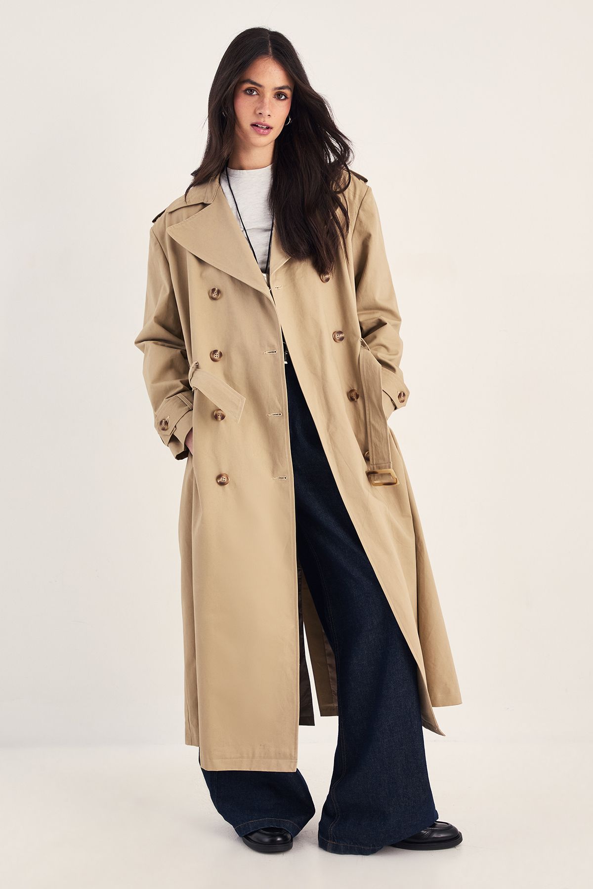 NastyGal Premium Structured Shoulder Longline Trench Coat Stone image 3