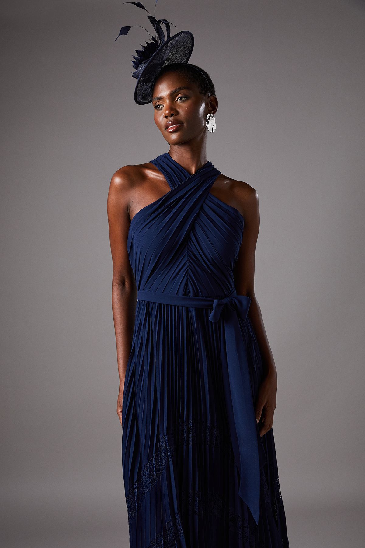 Coast Pleated Halter Neck Lace Insert Midi Dress Navy image 2