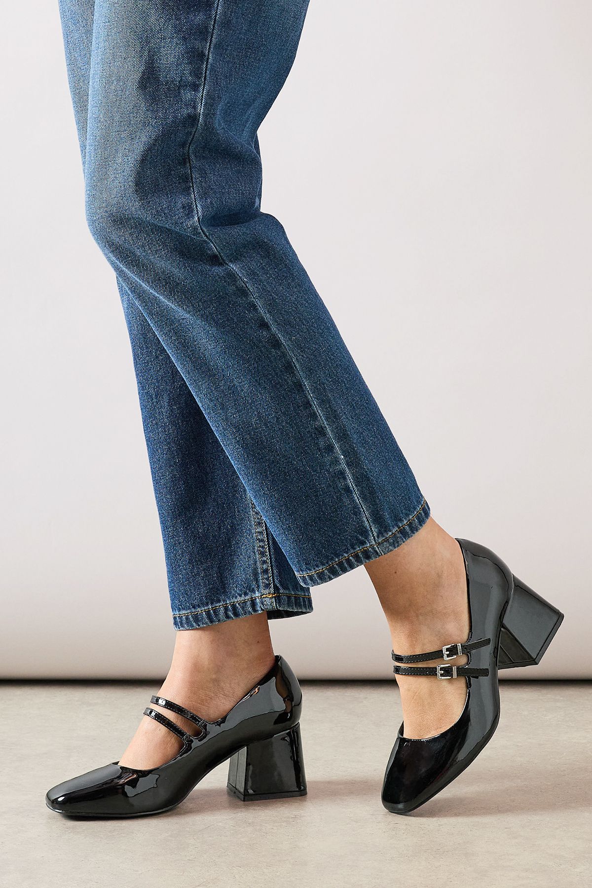 Dorothy Perkins Wide Fit Dawn Faux Patent Leather Double Mary Jane Mid  Block Heel Court Shoes True Black image 3