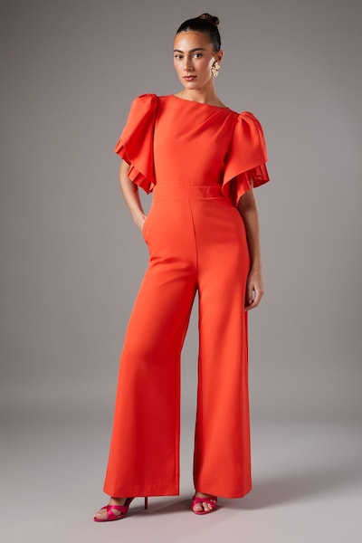 Coast Pleat Ruffle Sleeve Jumpsuit Orange