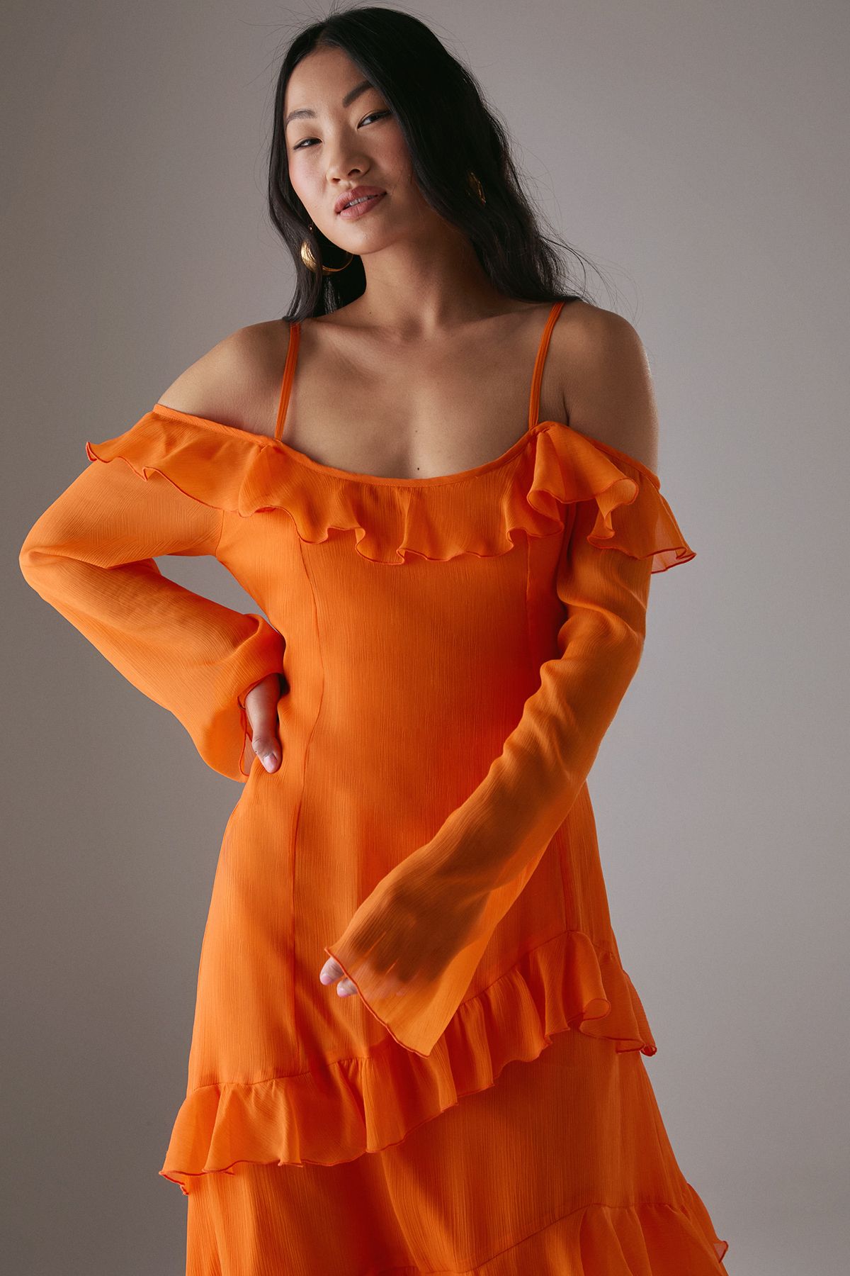 Warehouse Petite Chiffon Ruffle Cold Shoulder Midi Dress Orange image 4