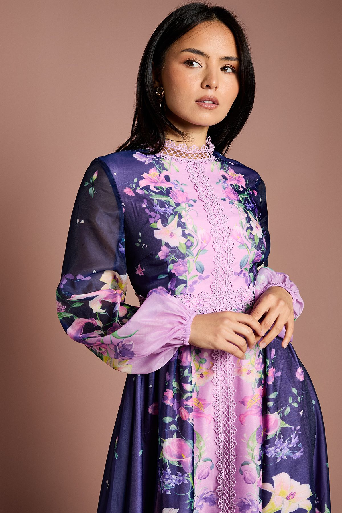 Coast Petite Place Print Organza Lace Trim Midi Dress Navy image 2