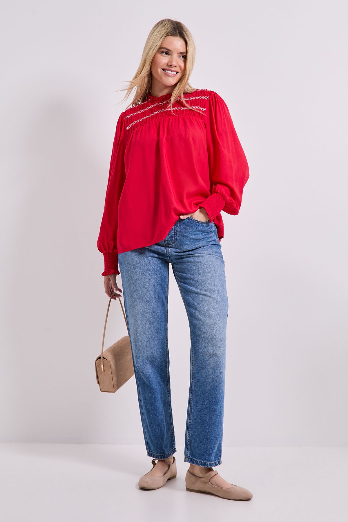 Dorothy Perkins Contrast Stitching Shirred Yoke Long Sleeve Blouse Berry image 2