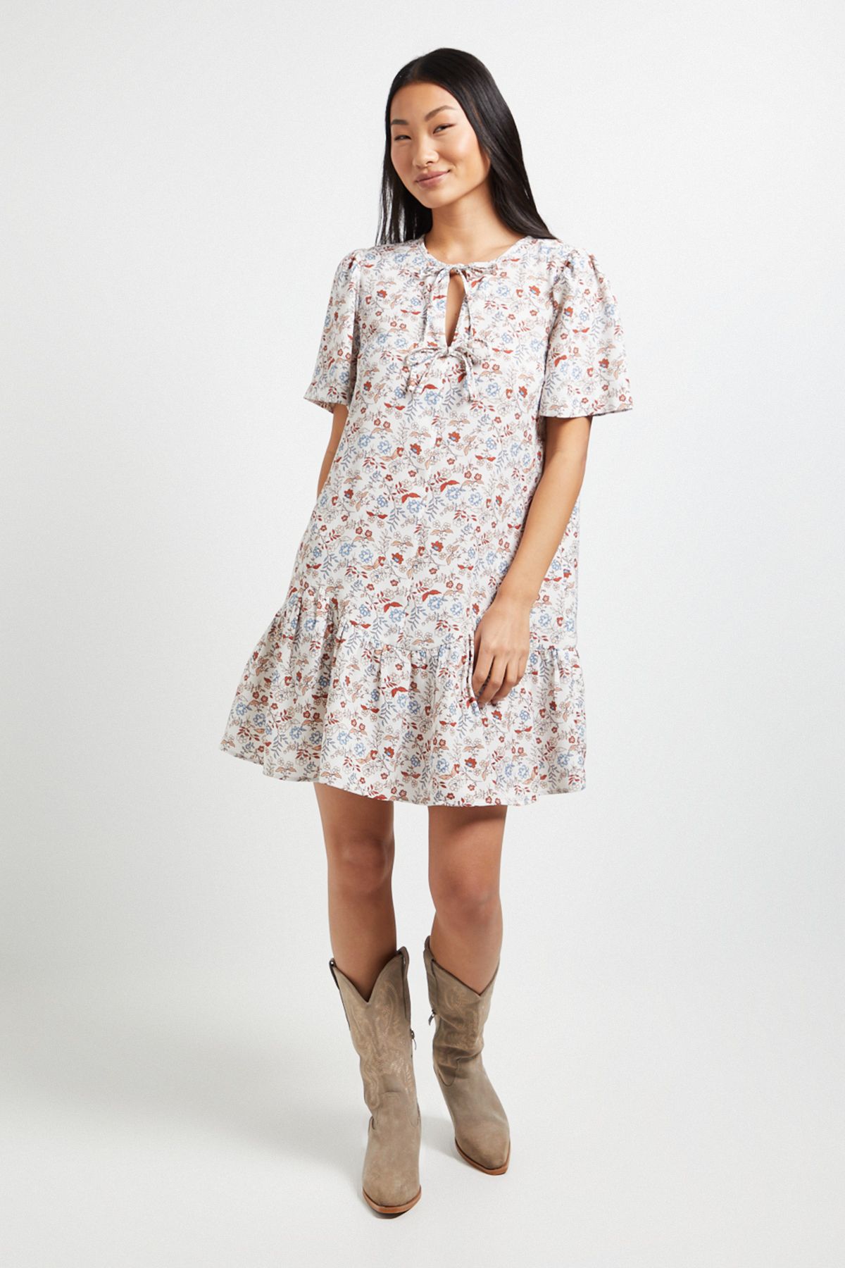 Dorothy Perkins Petite Floral Tie Detail Drop Hem Printed Mini Dress Floral