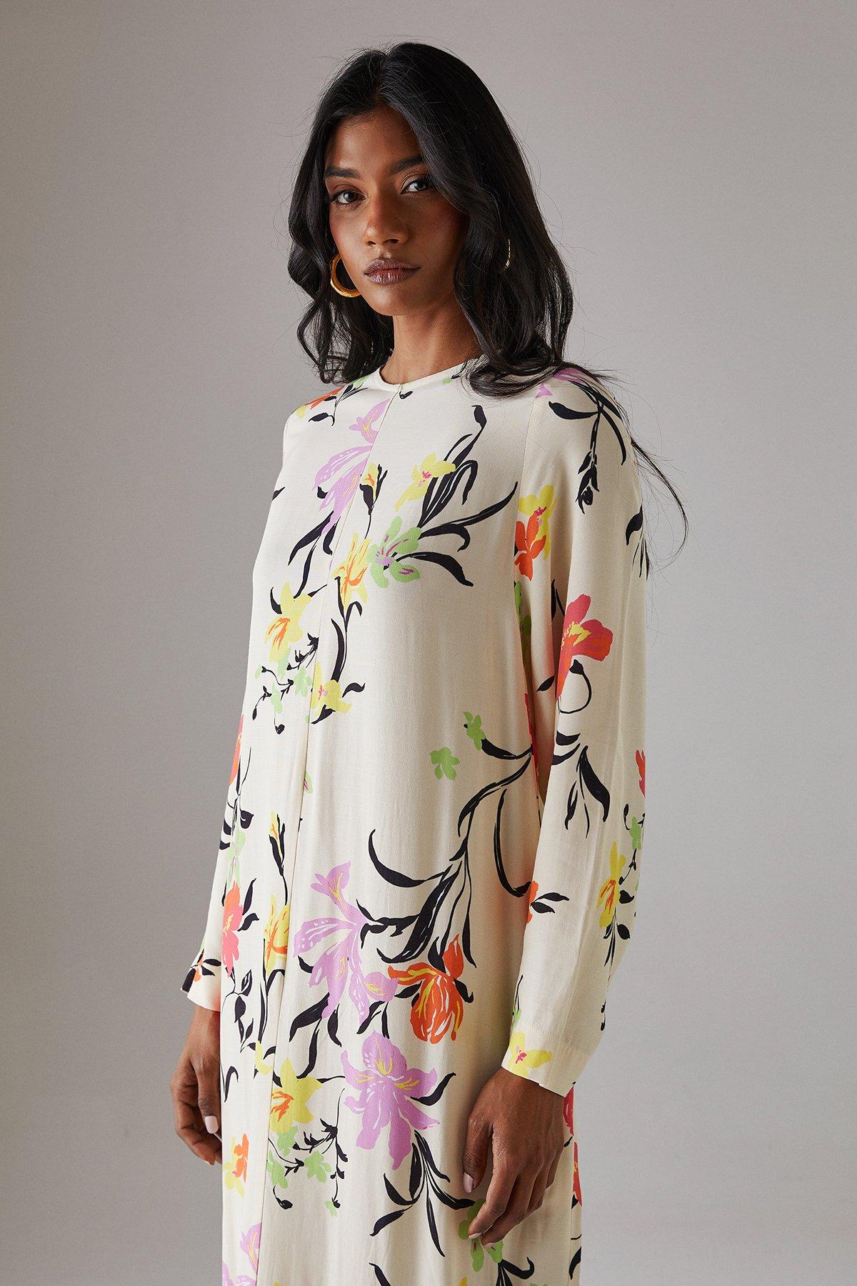 Warehouse Print Long Sleeve Column Midi Dress Floral image 2
