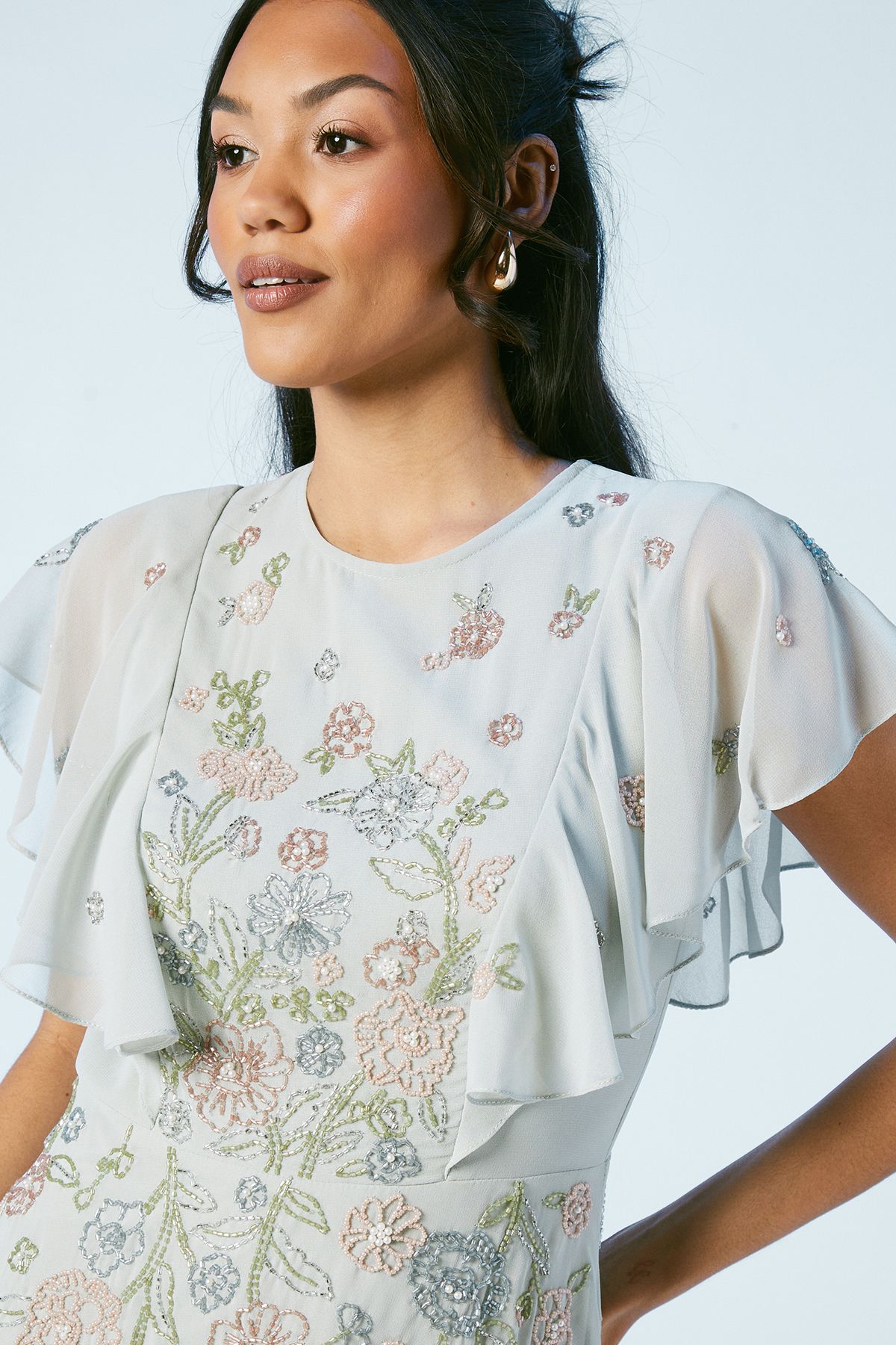 Coast Flutter Sleeve Embellished Ditsy Floral Bridesmaid Dress Sage image 2