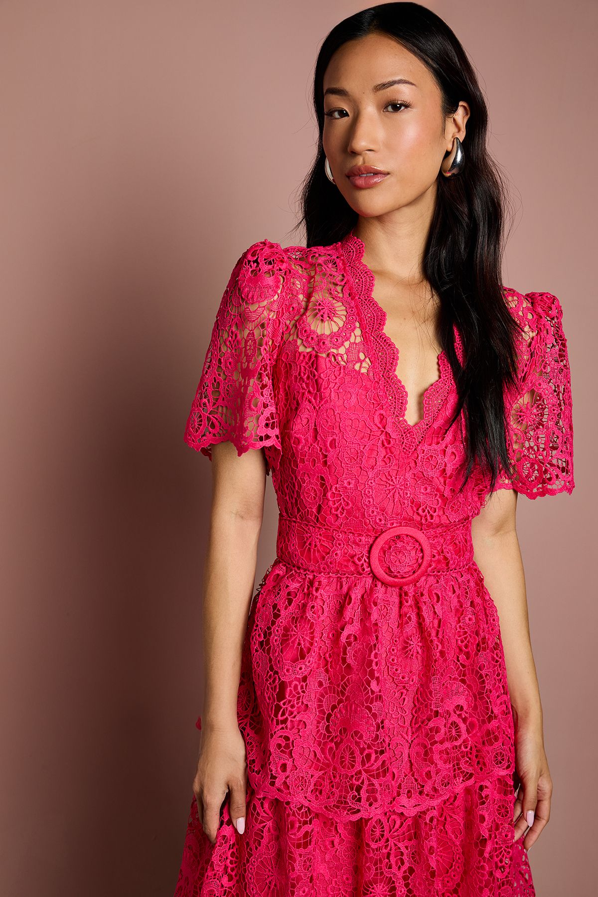 Coast Short Sleeve V Neck Tiered Lace Midi Dress Raspberry image 2