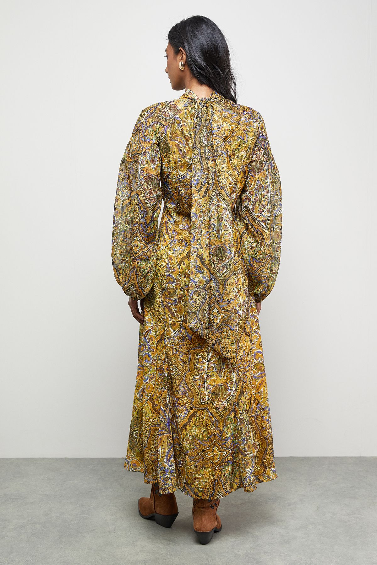 Warehouse Paisley Burnout Spot High Neck Godet Midi Dress Mustard image 3