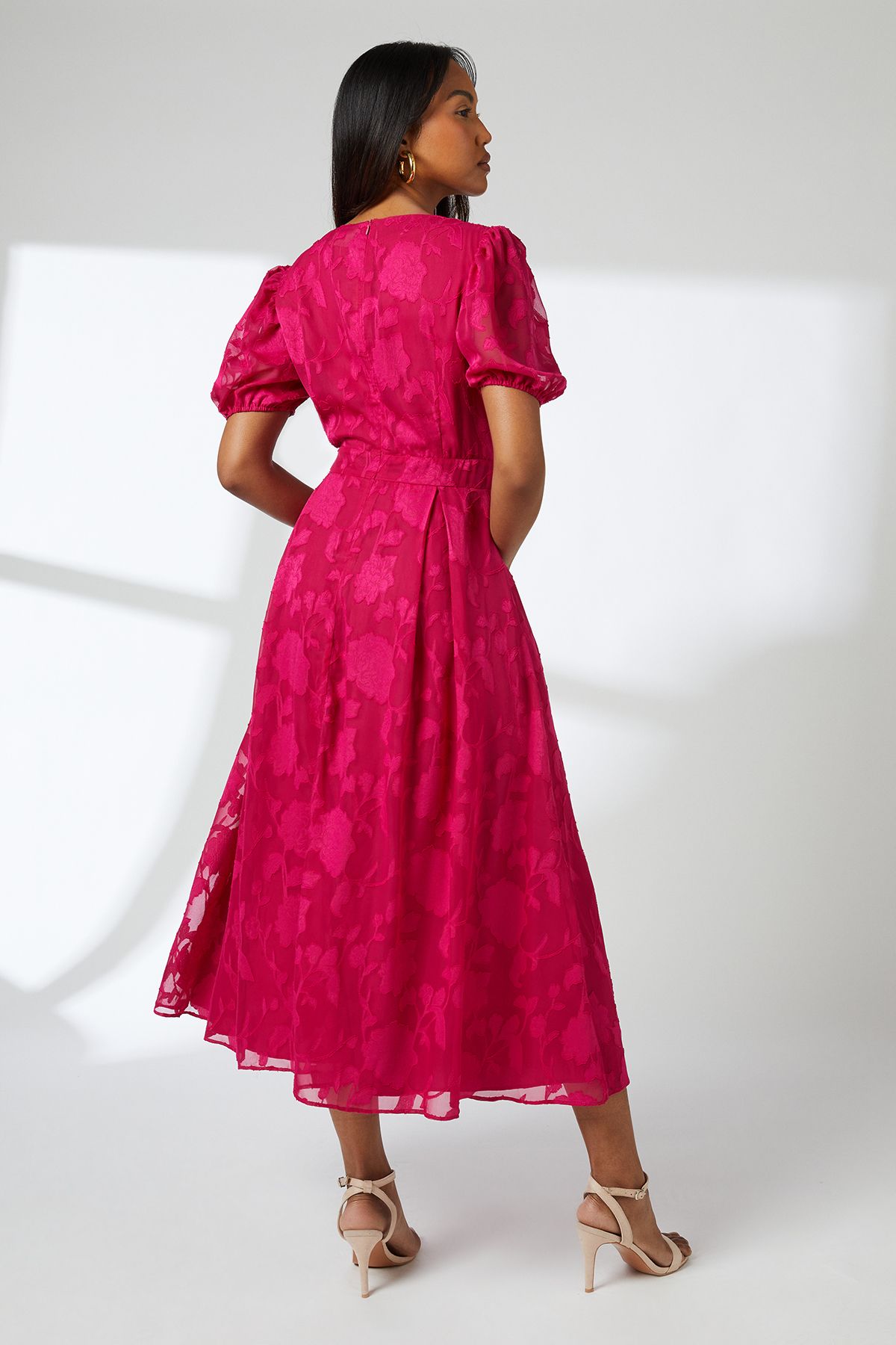 Principles Floral Jacquard Puff Sleeve Midi Dress Pink image 3