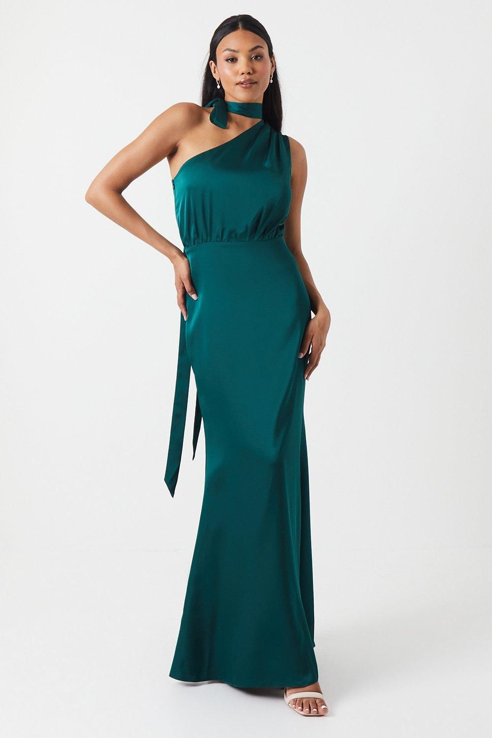 Coast One Shoulder Tie Neck Satin Bridesmaid Dress Emerald image 1