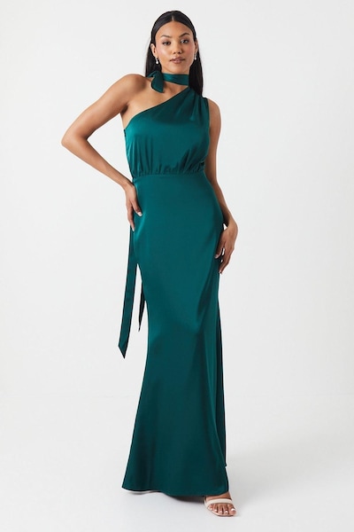 Coast One Shoulder Tie Neck Satin Bridesmaid Dress Emerald