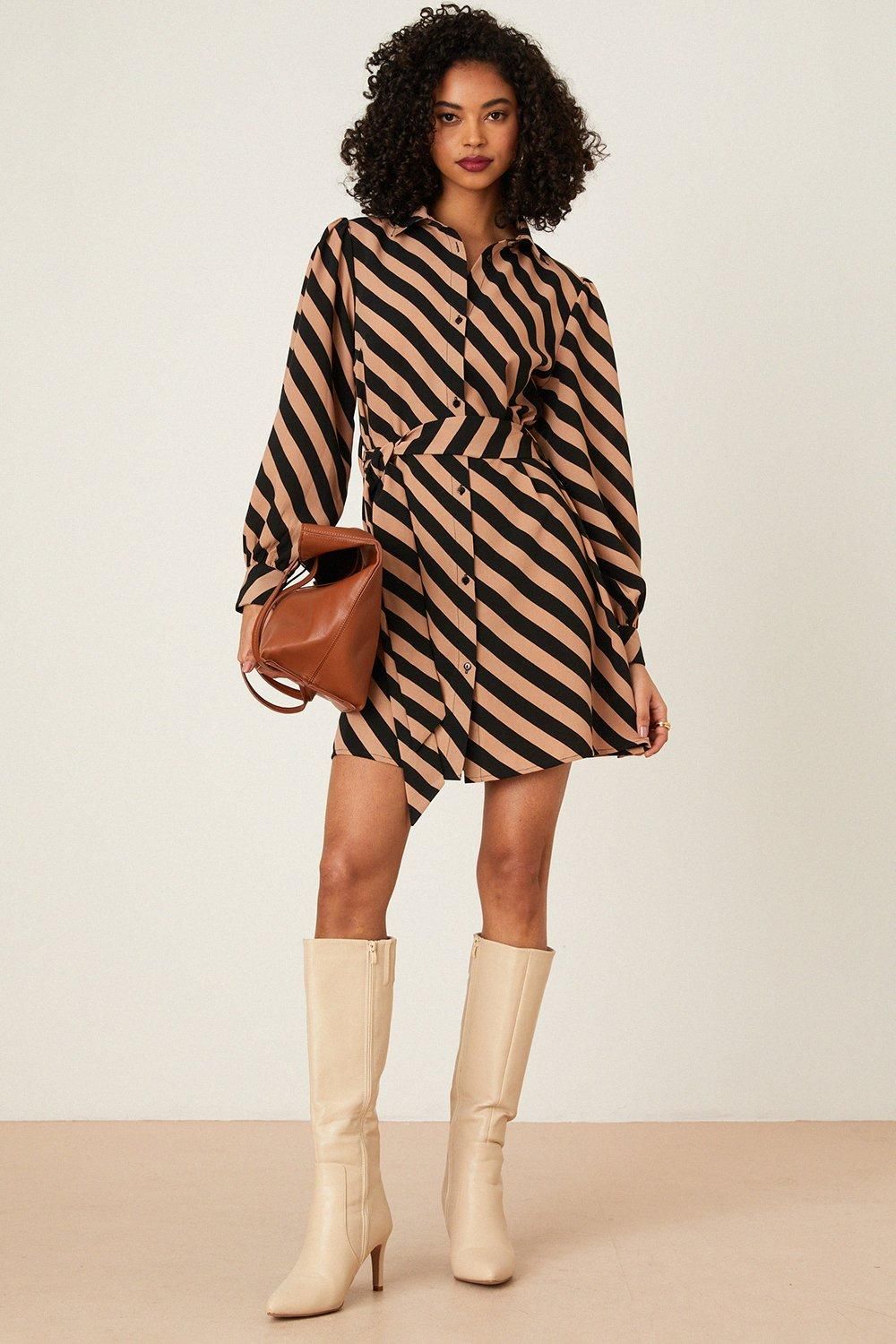 Dorothy Perkins Camel Stripe Belted Mini Shirt Dress Camel image 1