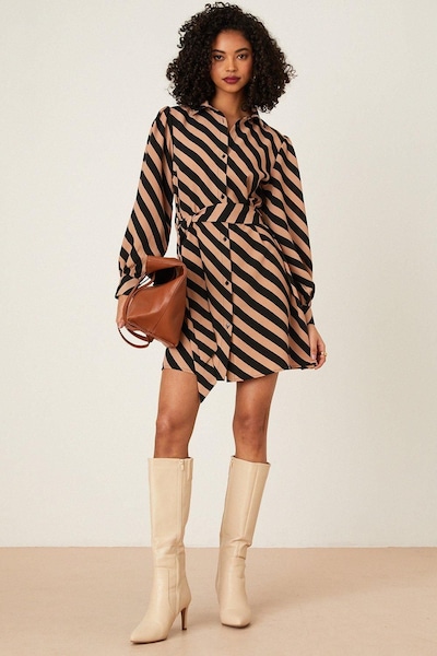 Dorothy Perkins Camel Stripe Belted Mini Shirt Dress Camel