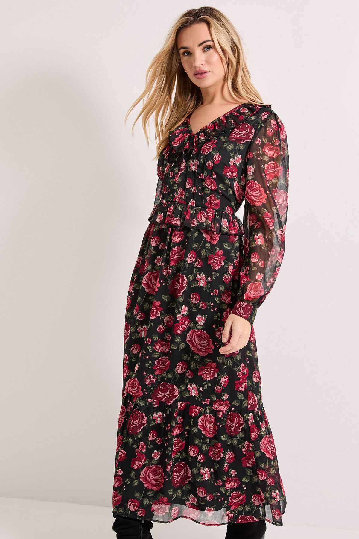 Dorothy Perkins Petite Black Floral Pleat Bodice Ruffle Neck Blouson Sleeve Midaxi Dress Floral image 4