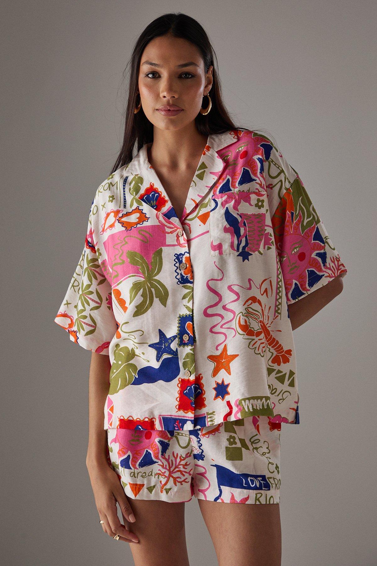 Warehouse HCD Postcard Print Boxy Oversized Shirt Multi image 1