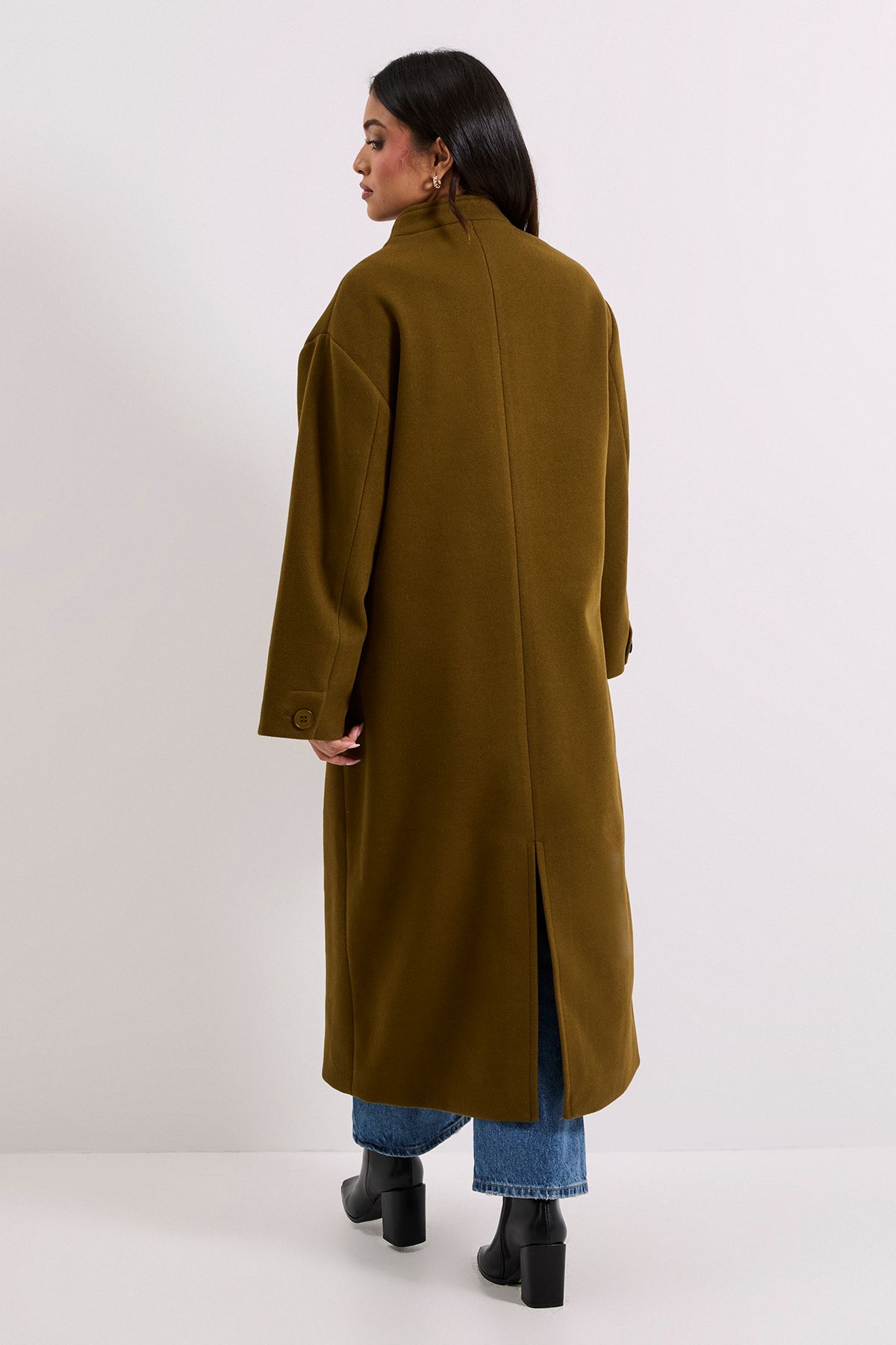 Dorothy Perkins Petite Collarless Single Breasted Faux Wool Coat Olive image 3