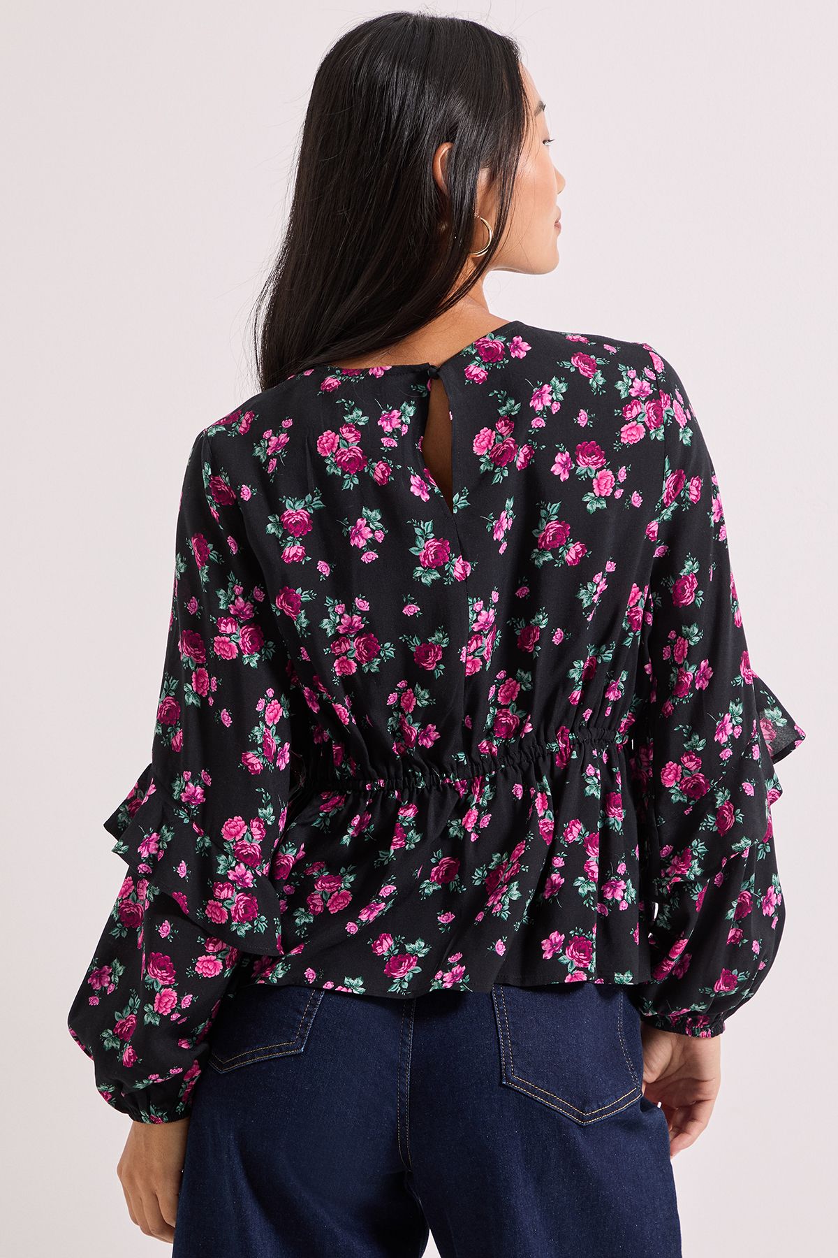 Dorothy Perkins Petite Black Floral Ruffle Blouson Sleeve Empire Seam Blouse Pink image 3