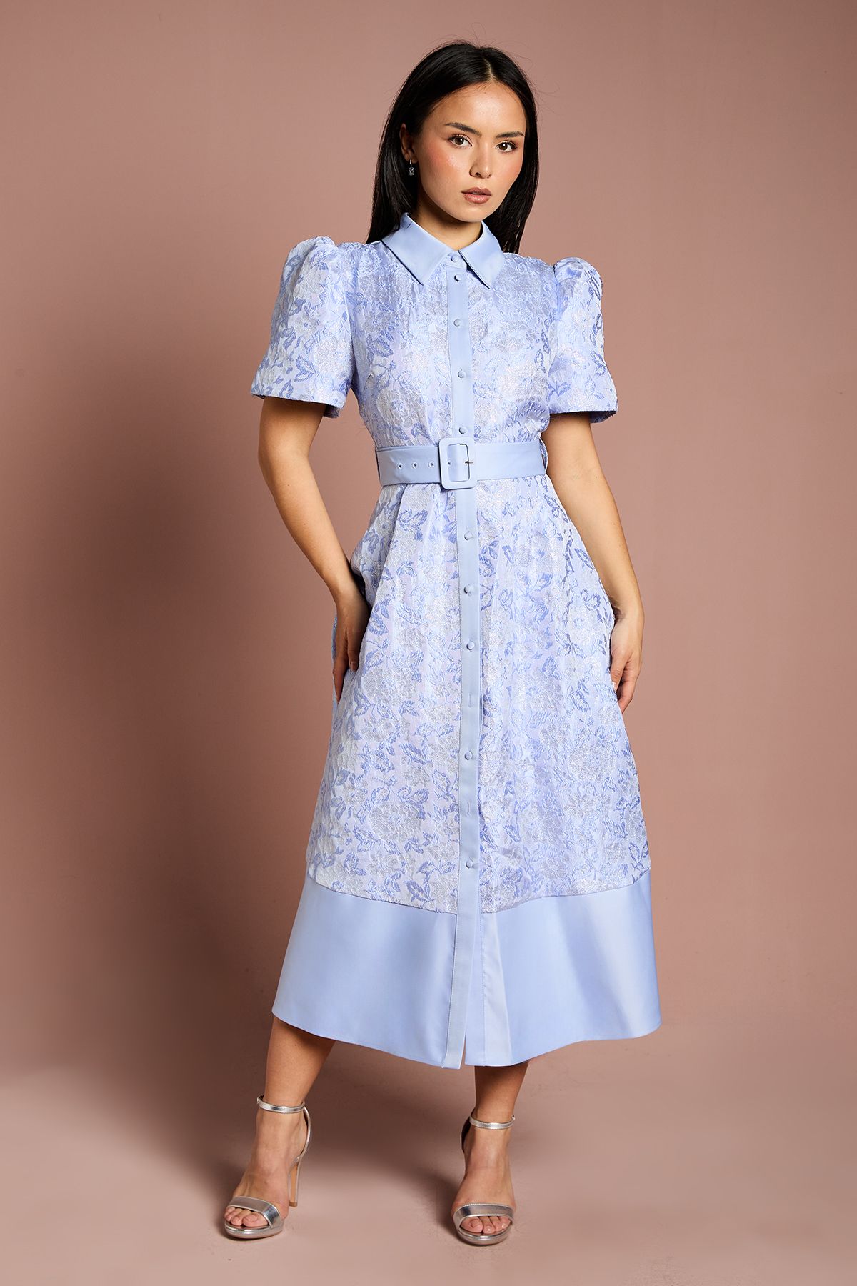 Coast Petite Short Sleeve Shirt Jacquard Midi Dress Blue