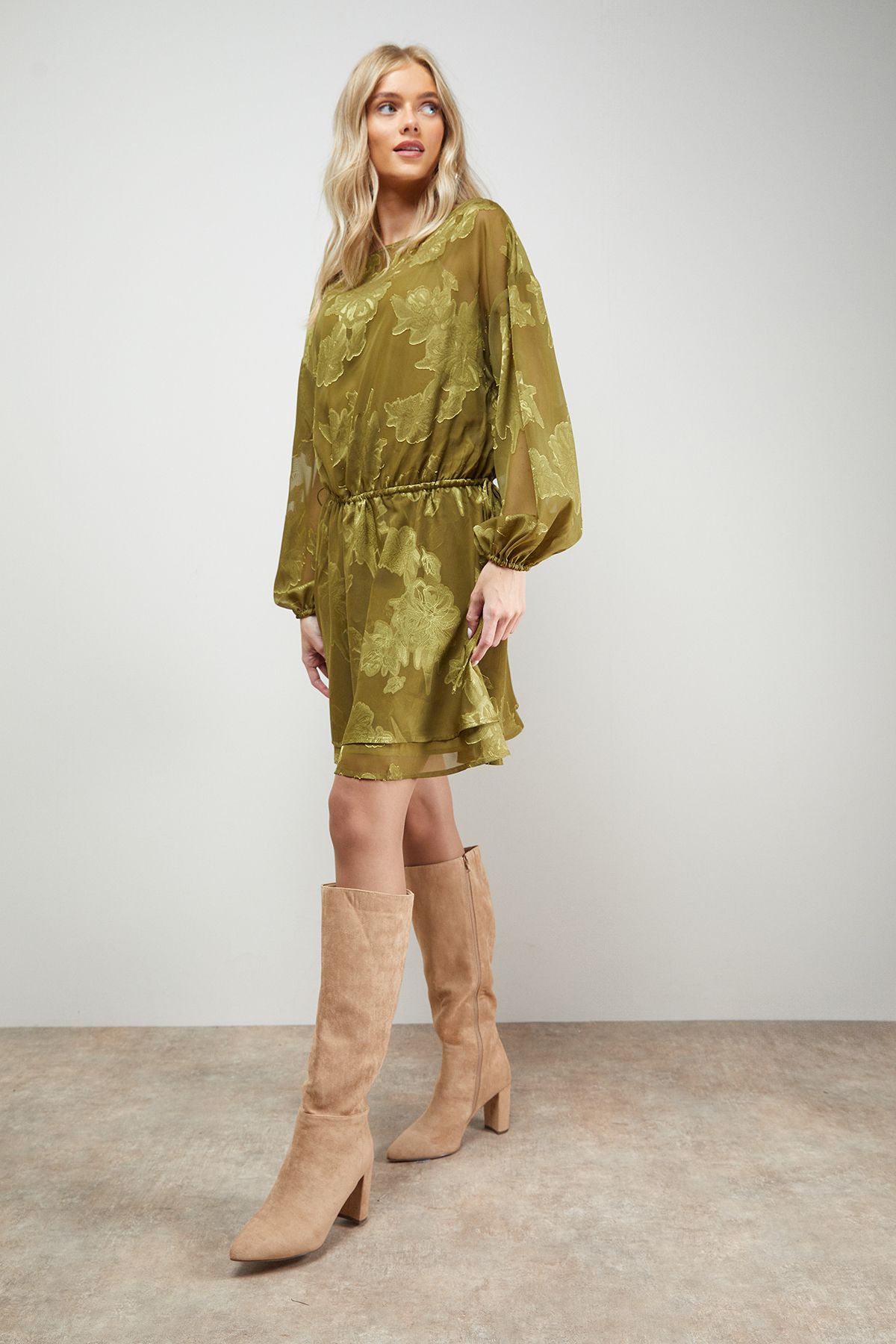 Oasis Kora Faux Suede High Block Heel Pointed Knee Boots Beige image 2