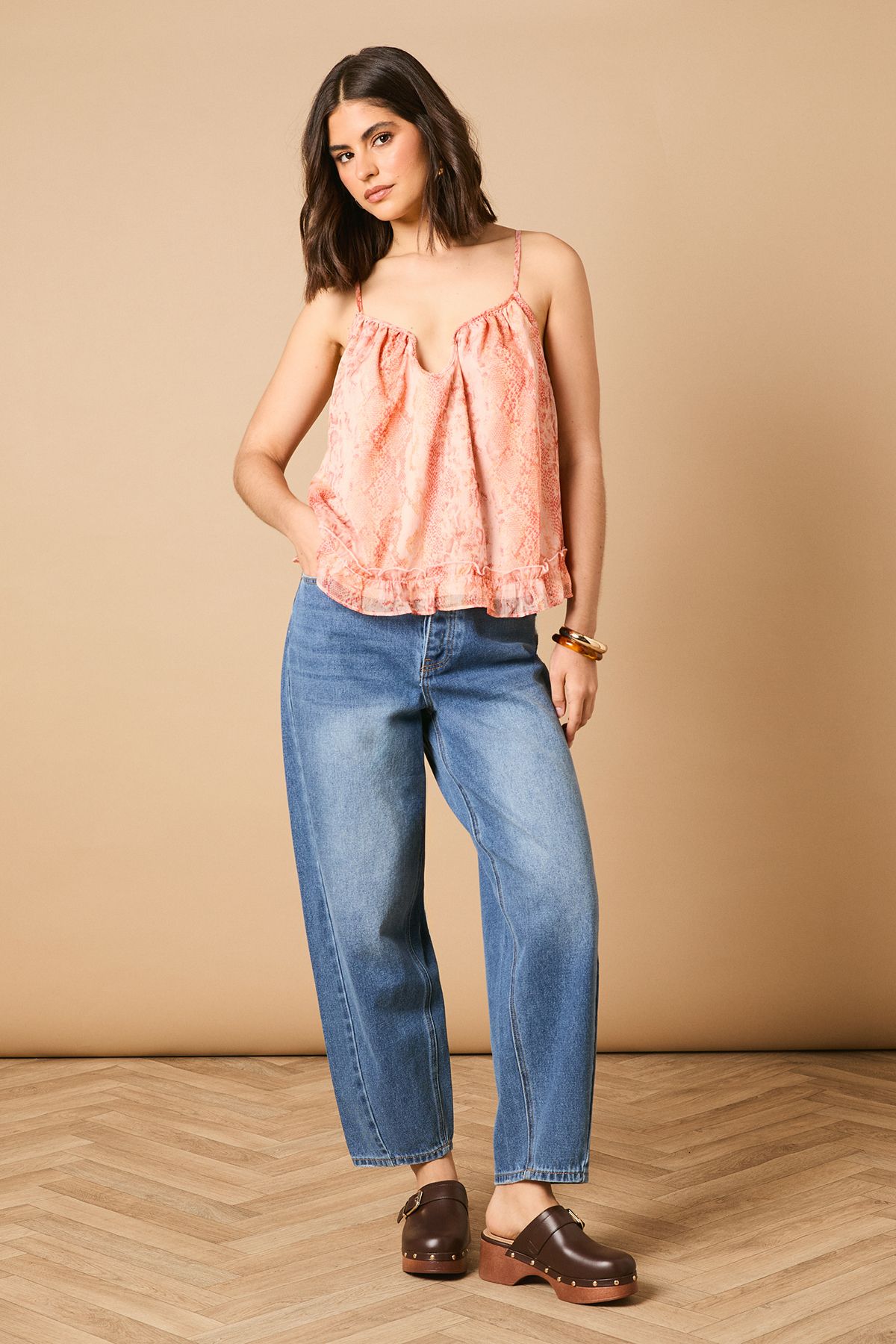 Oasis Printed Frill Detail Babydoll Cami Top Peach image 1