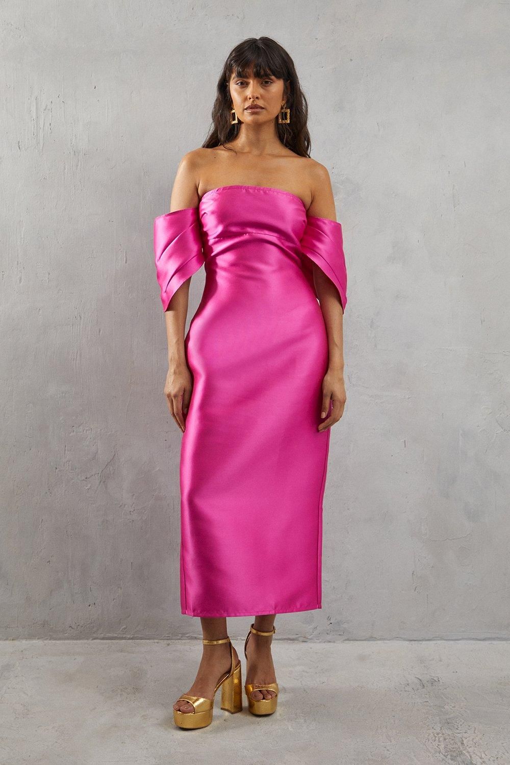 Warehouse Structured Puff Sleeve Bardot Midi Dress Hot Pink image 1