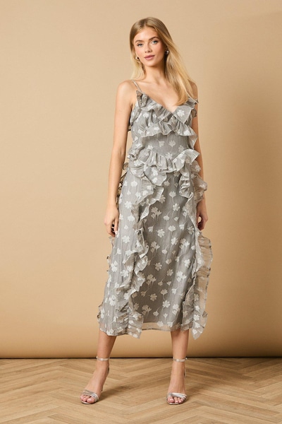 Oasis Ruffle Front V Neck Strappy Midi Dress Grey