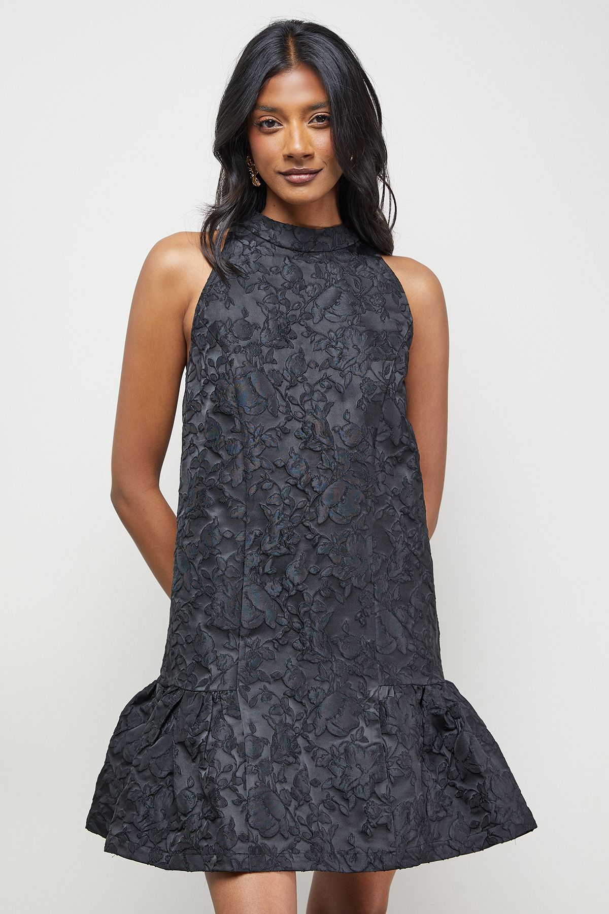 Warehouse Jacquard High Neck Drop Hem Mini Dress Black image 4