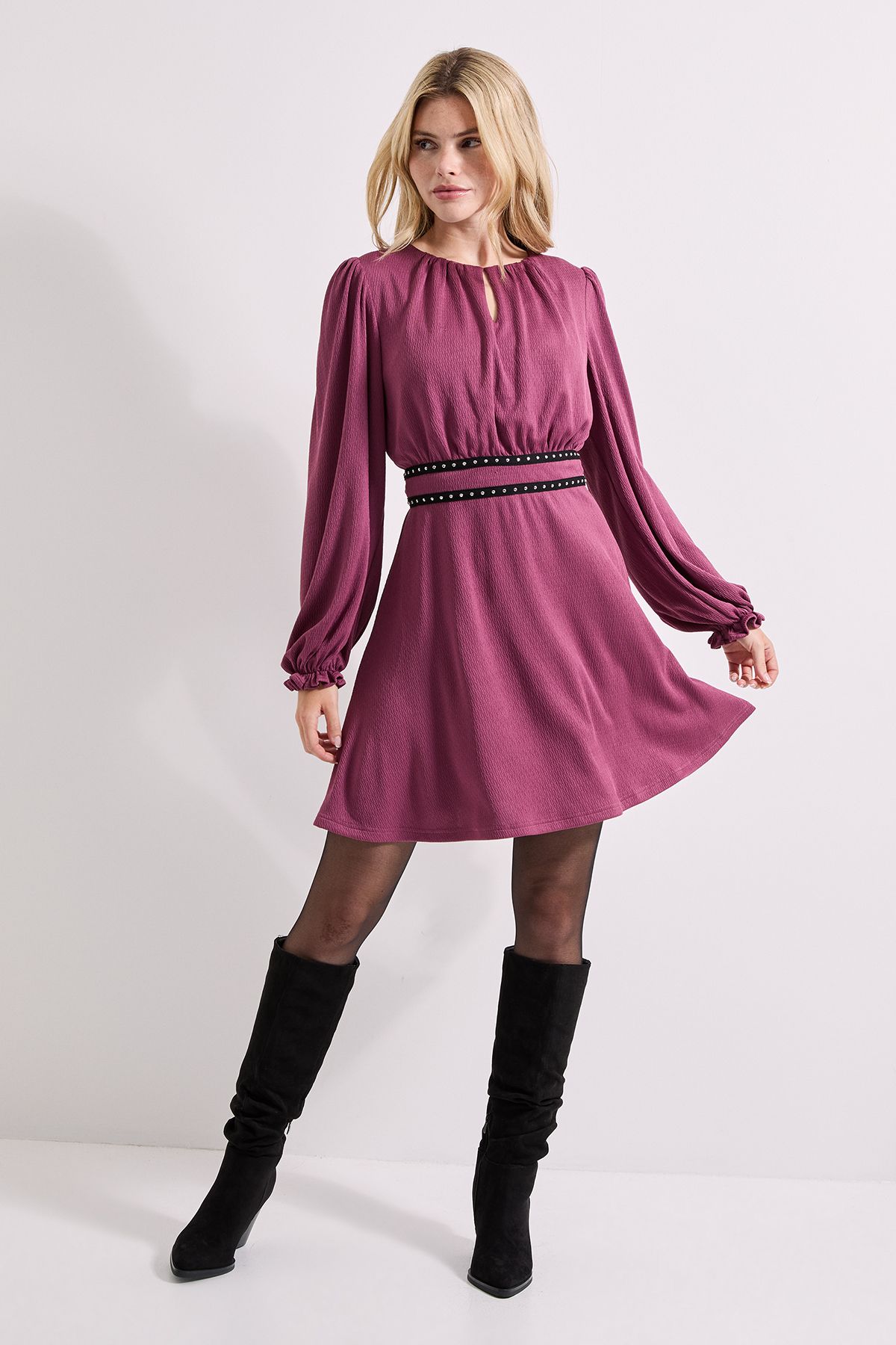 Dorothy Perkins Stud Detail Waist Jersey Mini Dress Berry image 2