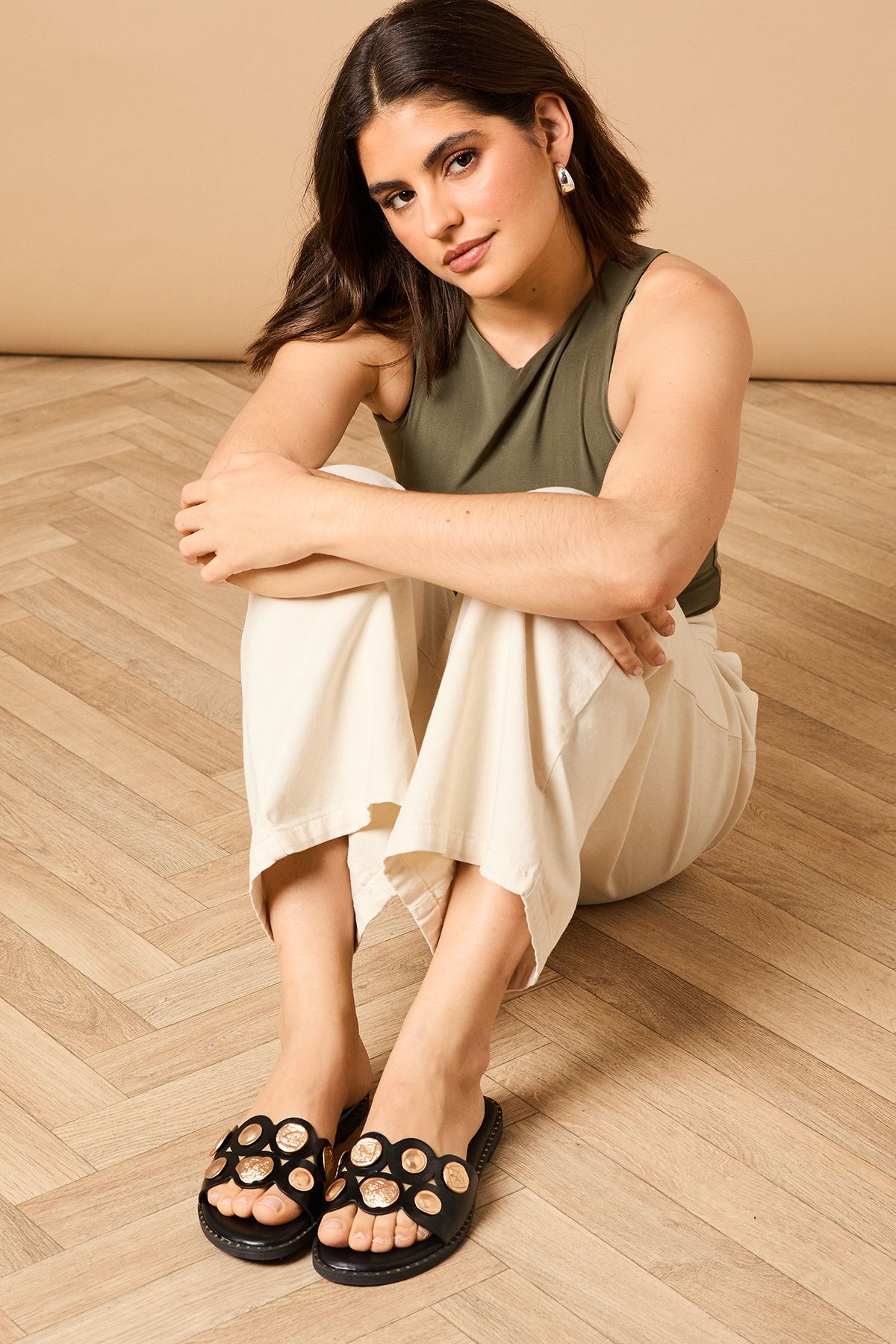 Oasis Mandy Faux Leather Metal Detail Sliders Black image 1