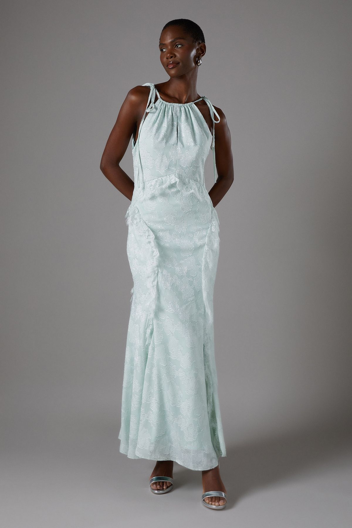 Coast Jacquard Halter Neck Sleeveless Frill Maxi Holiday Dress Mint image 1