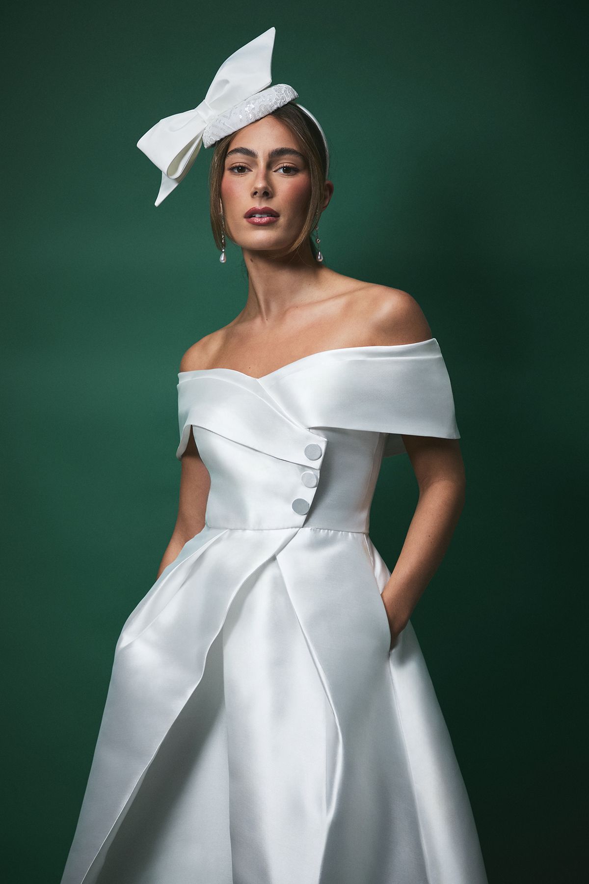 Coast Lisa Tan Twill Bardot Waisted Midi Wedding Dress Ivory image 2