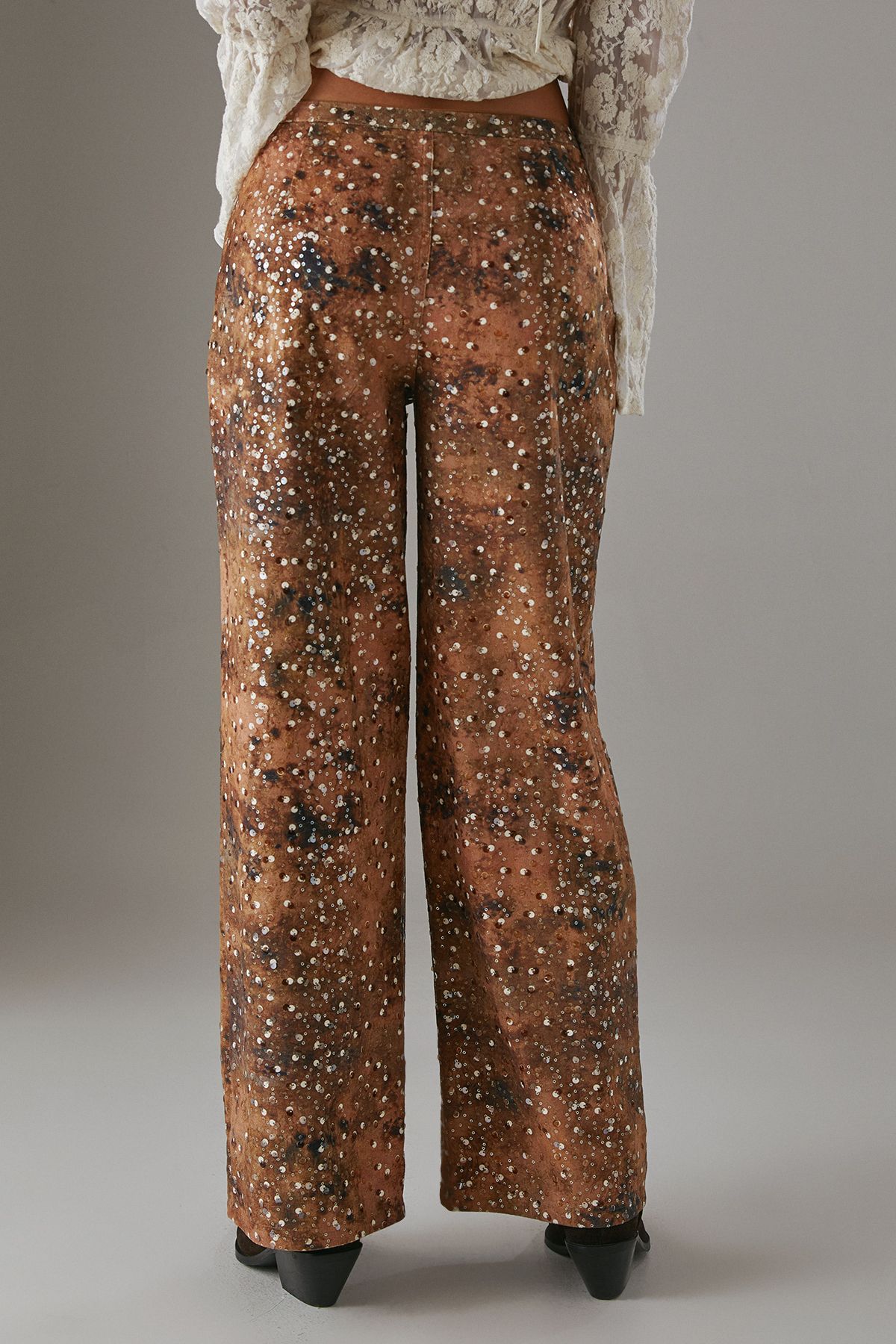 Warehouse Suedette Sequin Lace Up Trouser Brown image 3