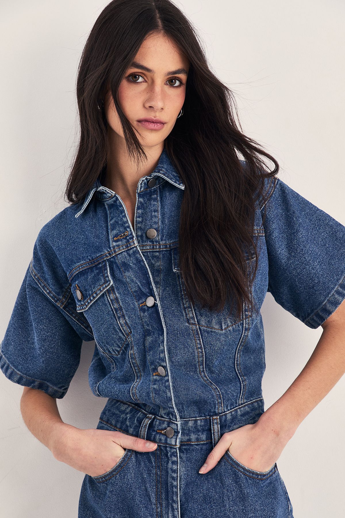 NastyGal Denim Low Rise Boyfriend Jumpsuit Authentic Midwash image 5