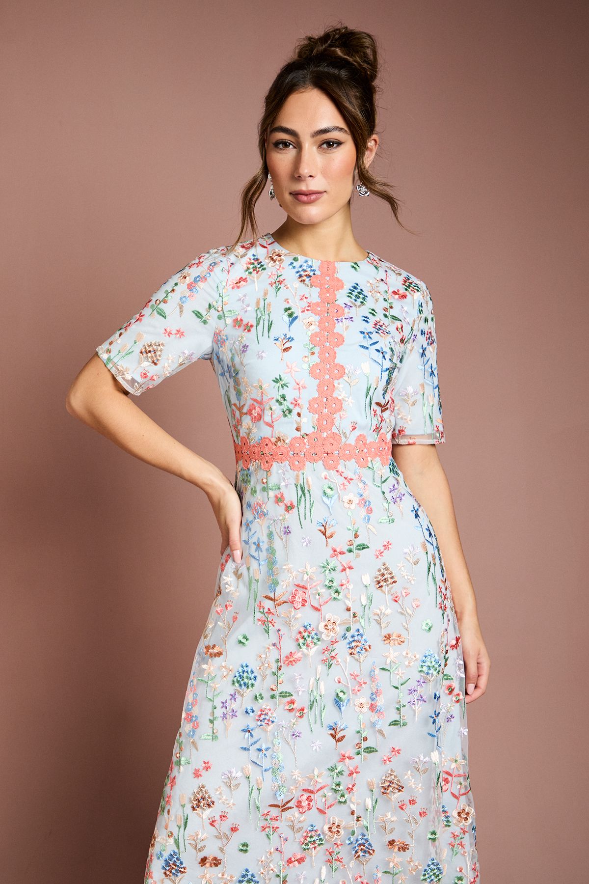 Coast Embroidered Floral With Laid On Lace Midi Dress Light Blue image 2