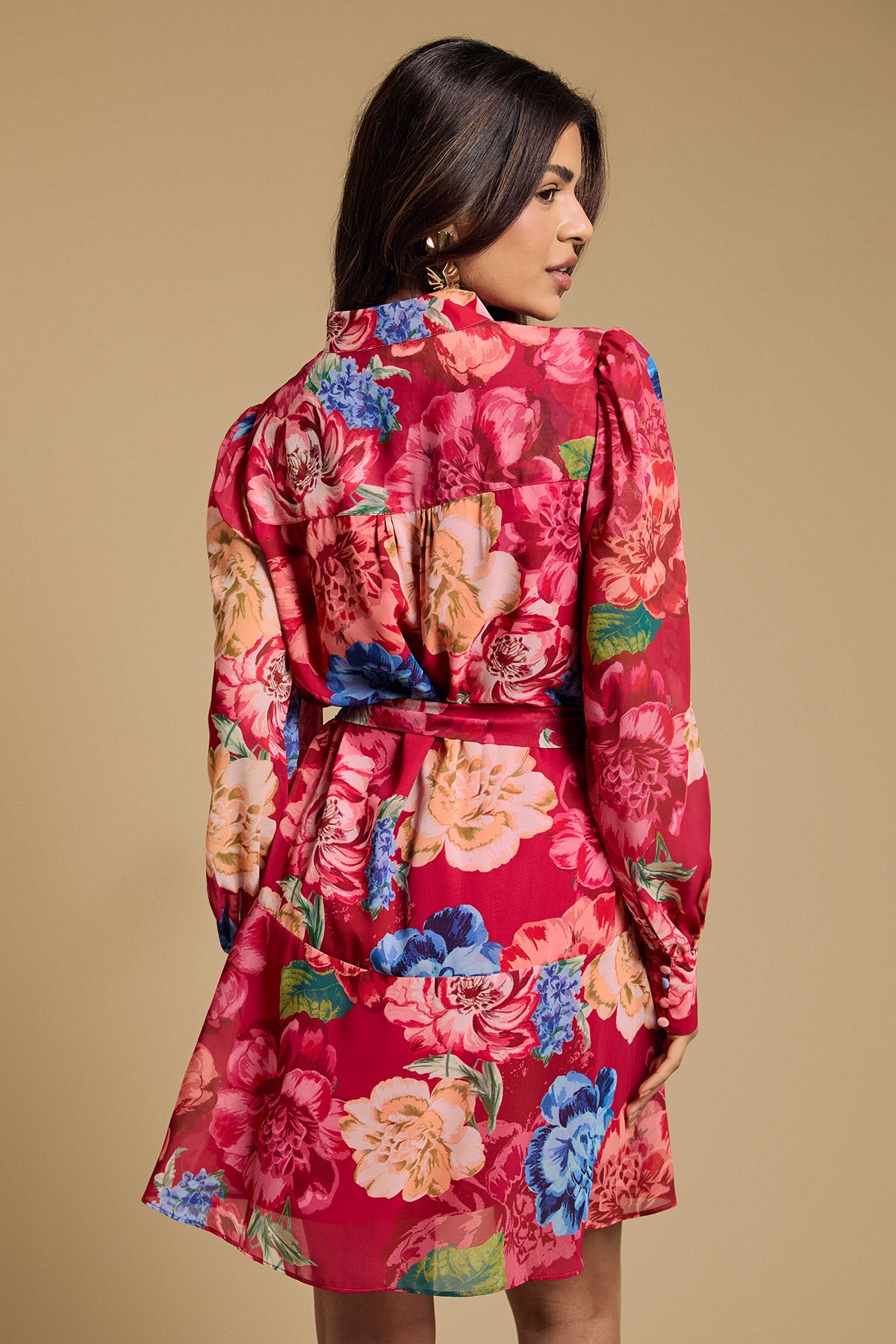 Oasis Petite Printed Chiffon Button Up Belted Waist Mini Dress Red image 3