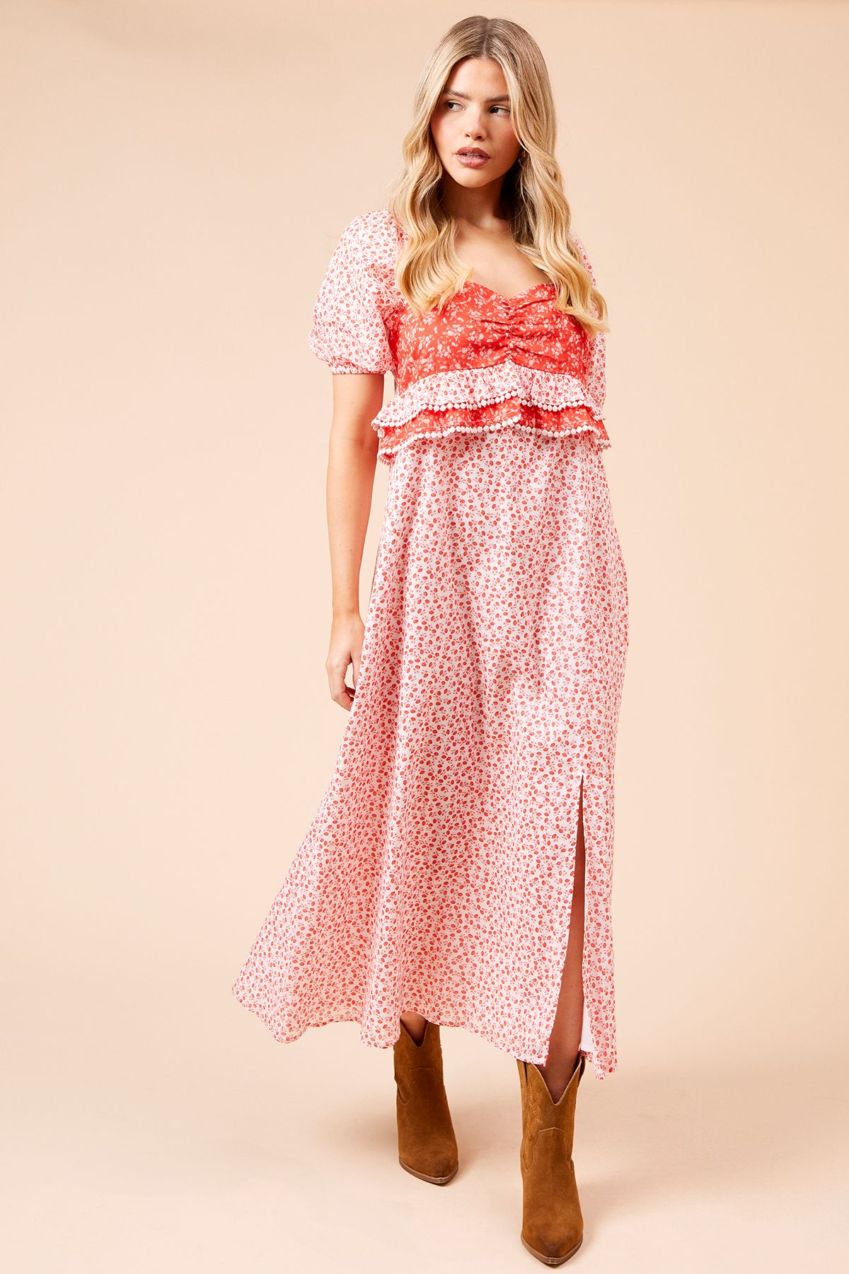 Dorothy Perkins Mix And Match Ruffle Bust Short Sleeve Midi Dress Red image 1